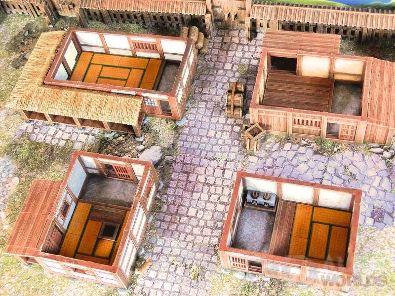 Intricately detailed miniature Samurai Farmhouse set featuring traditional Japanese farmhouses, accessories, and landscape elements.