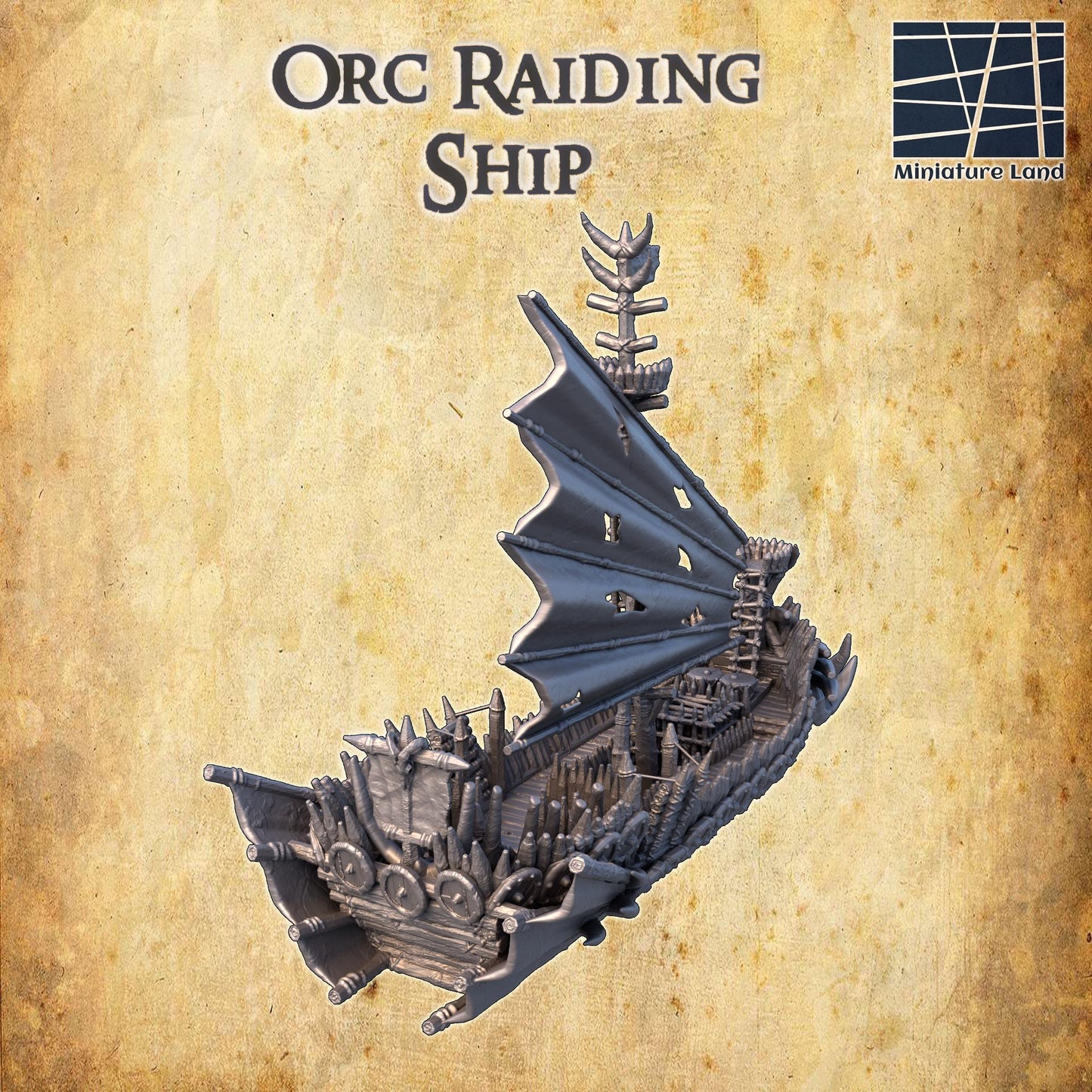 Detailed model of an Orc Raiding Ship with defensive features and a dragon prow, ideal for fantasy wargaming.