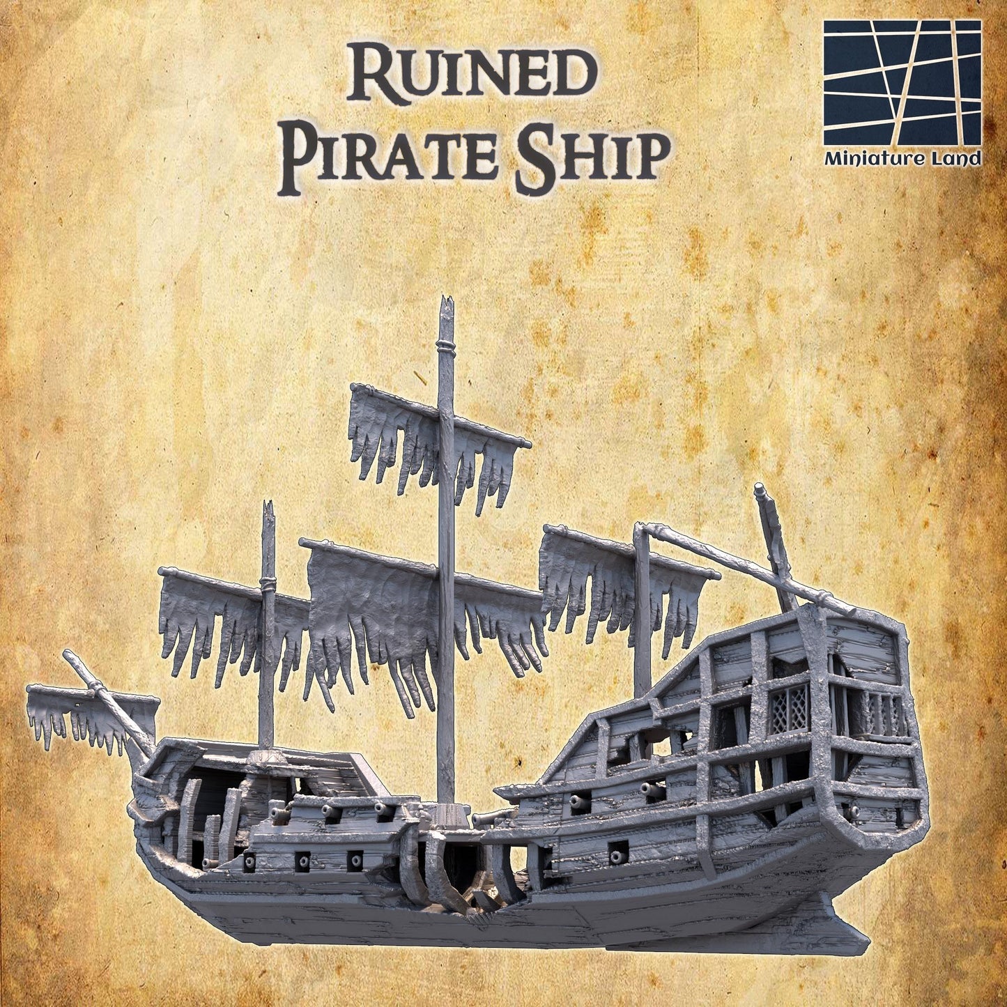 Detailed model of a Ruined Pirate Ship with historical design and realistic battle damage, perfect for tabletop RPGs and historical dioramas.