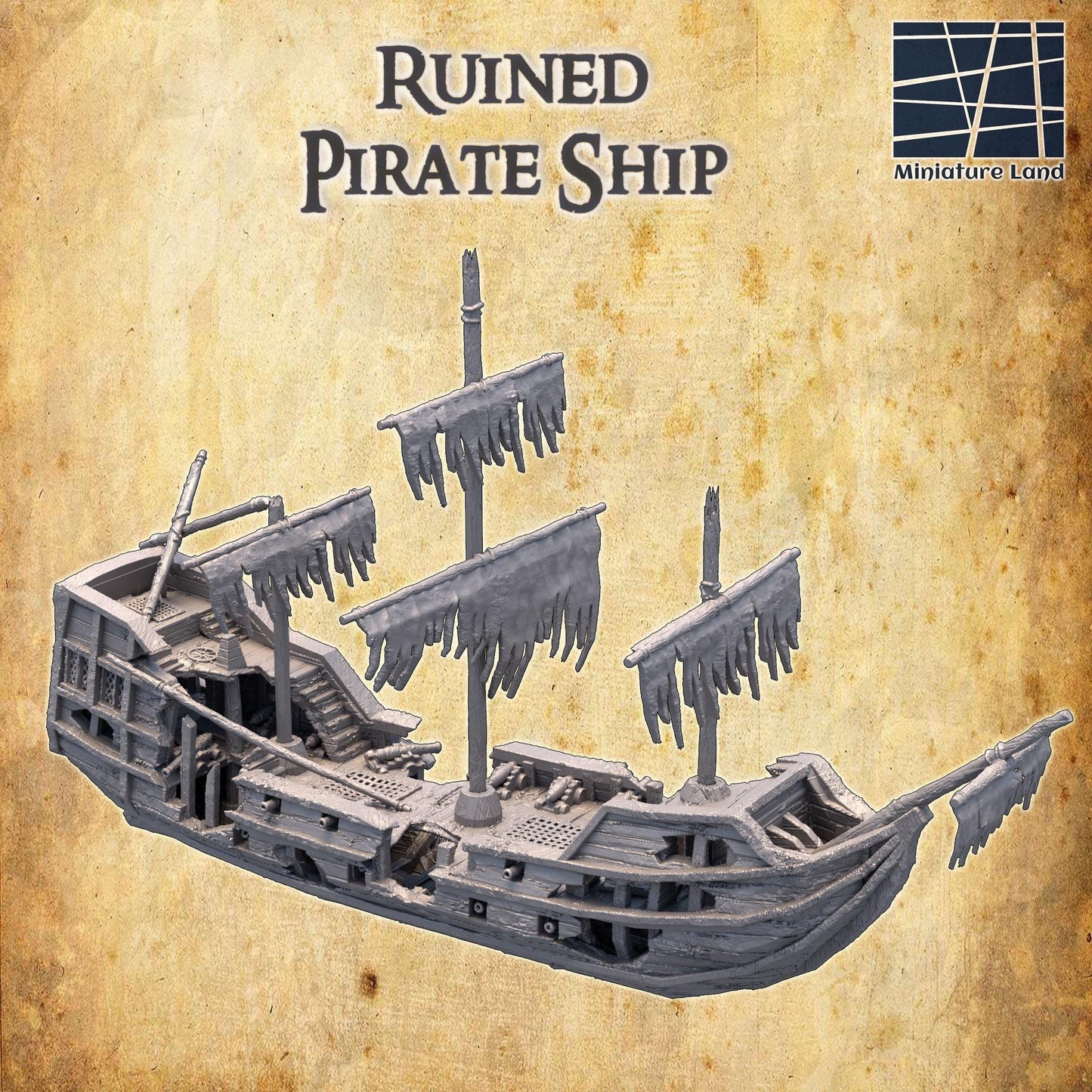 Detailed model of a Ruined Pirate Ship with historical design and realistic battle damage, perfect for tabletop RPGs and historical dioramas.
