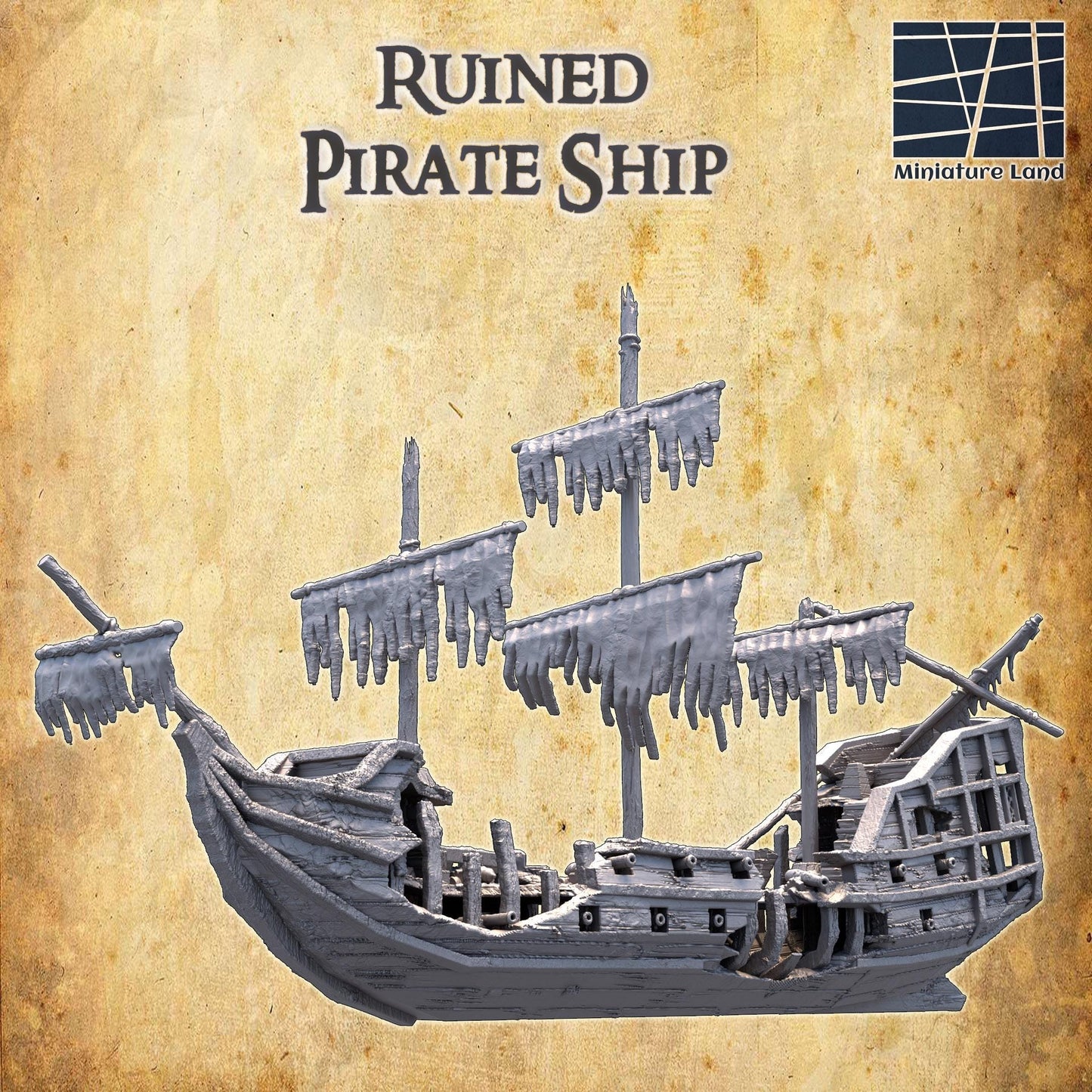 Detailed model of a Ruined Pirate Ship with historical design and realistic battle damage, perfect for tabletop RPGs and historical dioramas.