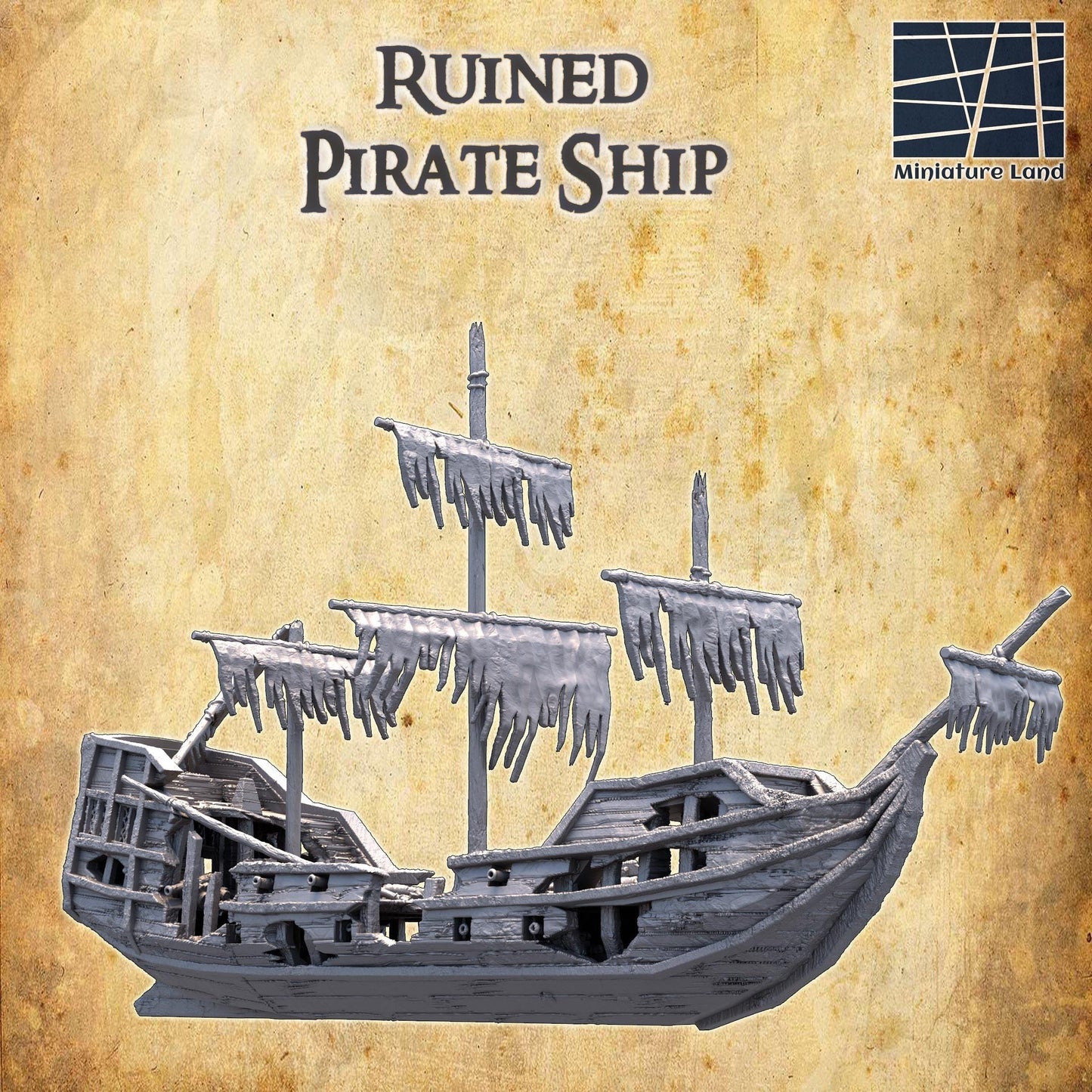 Detailed model of a Ruined Pirate Ship with historical design and realistic battle damage, perfect for tabletop RPGs and historical dioramas.