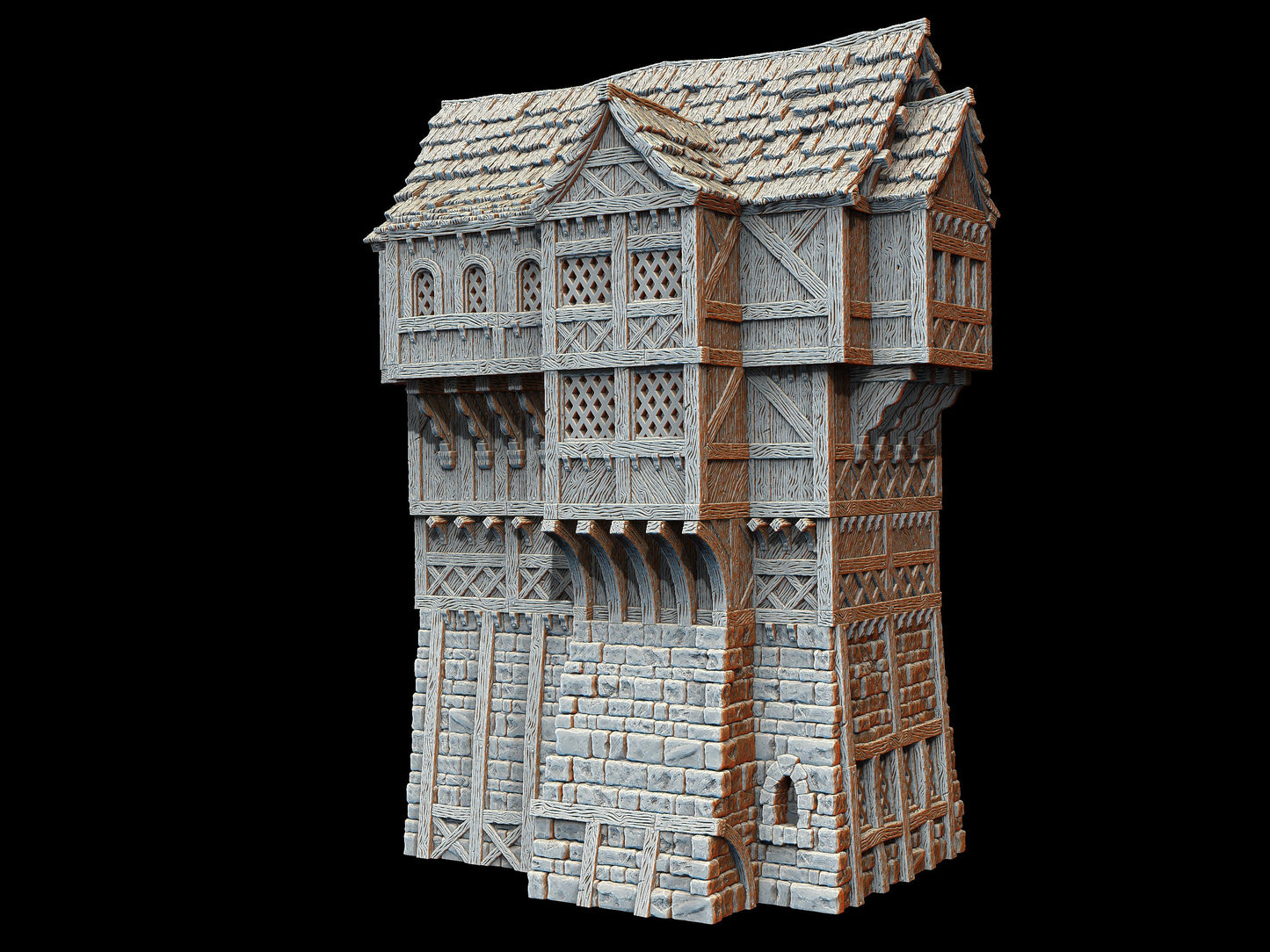 Great Commoners House: Capture the essence of medieval life with this Tudor-style 3D printed building, perfect for tabletop RPGs. Features detailed woodwork and stone masonry.
