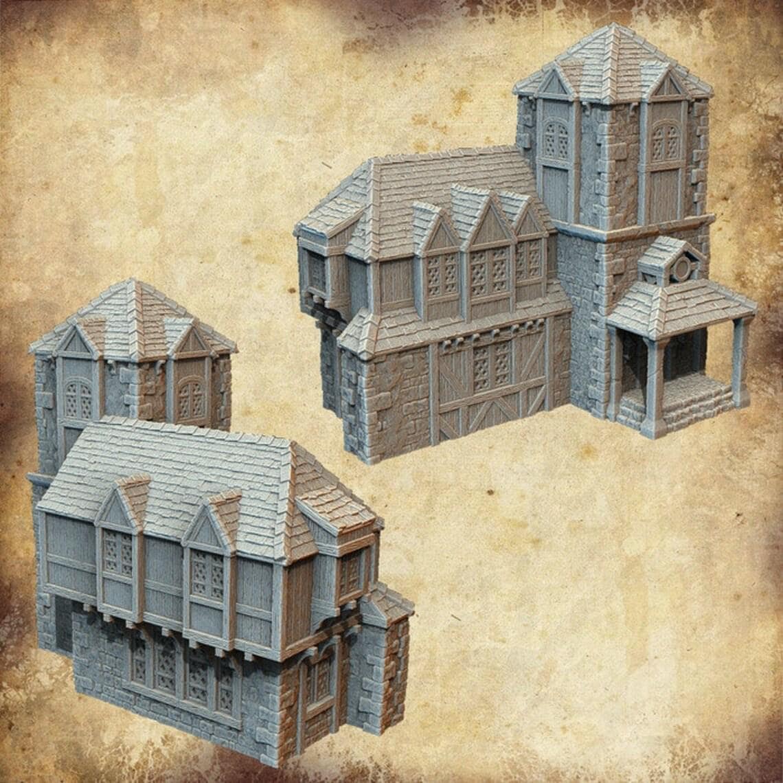 Detailed model of a Medieval Library House featuring Tudor architecture with textured wooden and stone elements, suitable for fantasy and historical tabletop games.