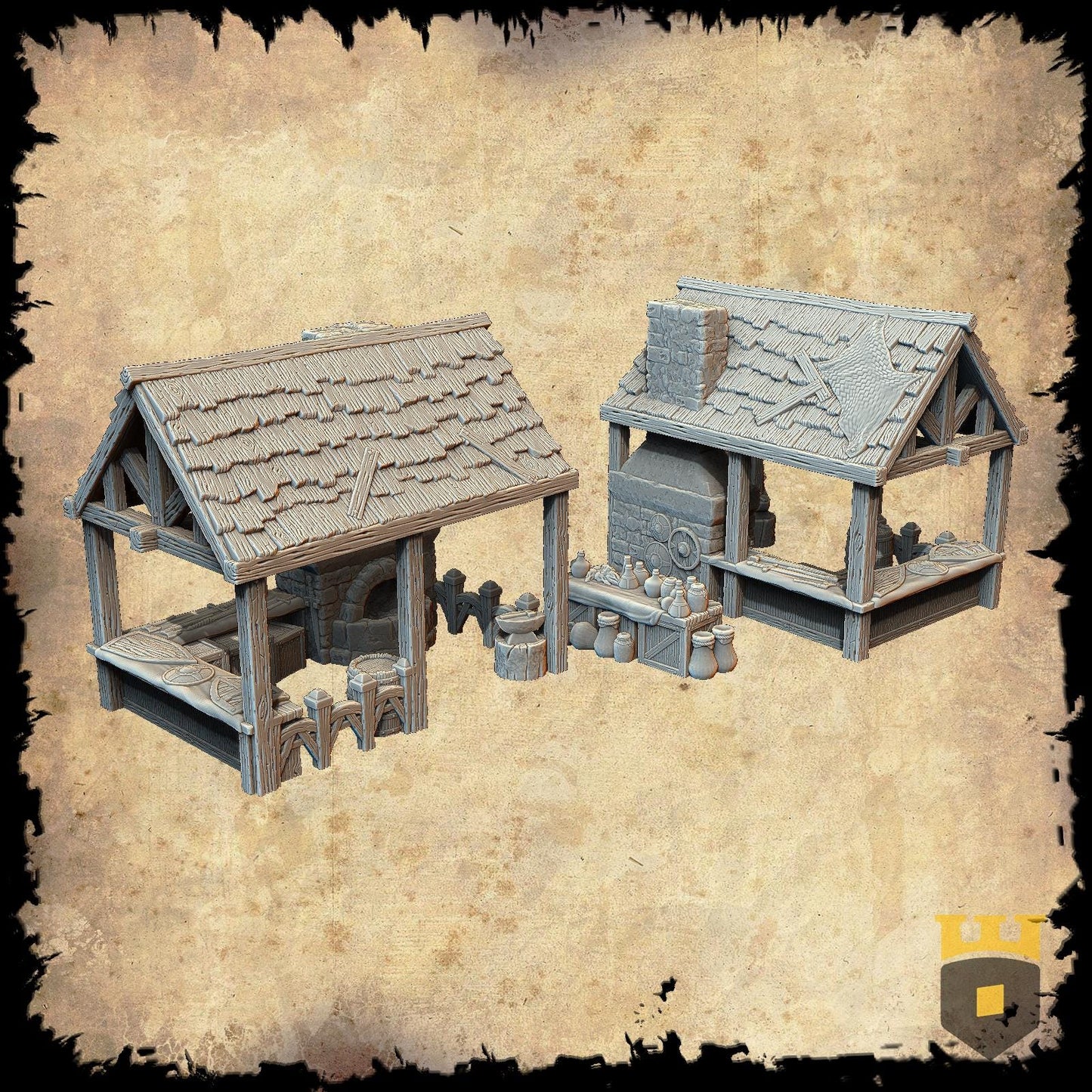 Renaissance era blacksmith shop with a detailed forge, anvil, and tools, set against a backdrop of barrels, bags, and crates.
