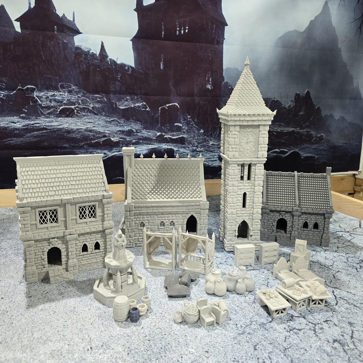 Small Village Set: Medieval Era, Tabletop Terrain -RPG & Wargames, Includes 3 Houses, 2 Stalls, 1 Clocktower, Scatter - 4 scales available