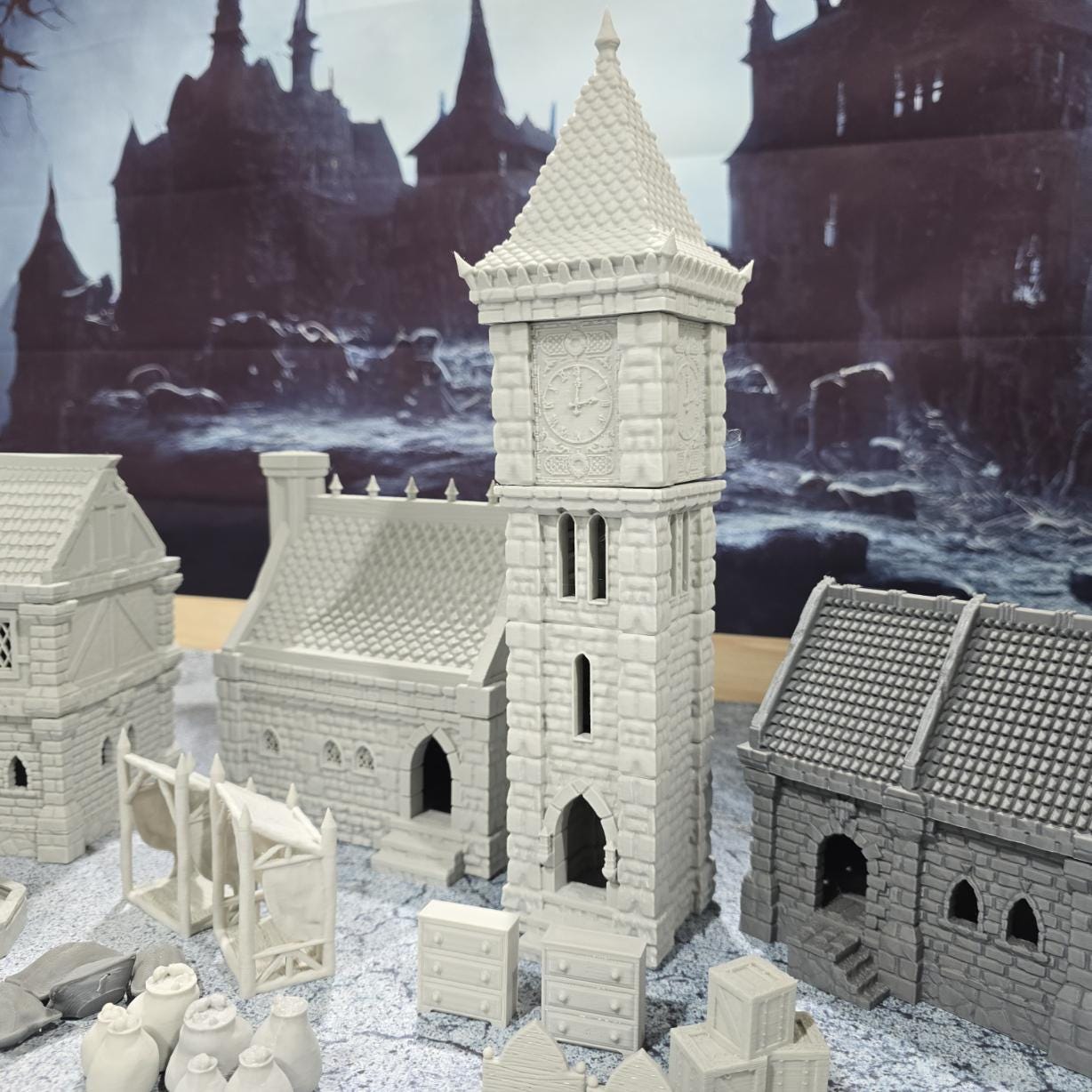 Small Village Set: Medieval Era, Tabletop Terrain -RPG & Wargames, Includes 3 Houses, 2 Stalls, 1 Clocktower, Scatter - 4 scales available
