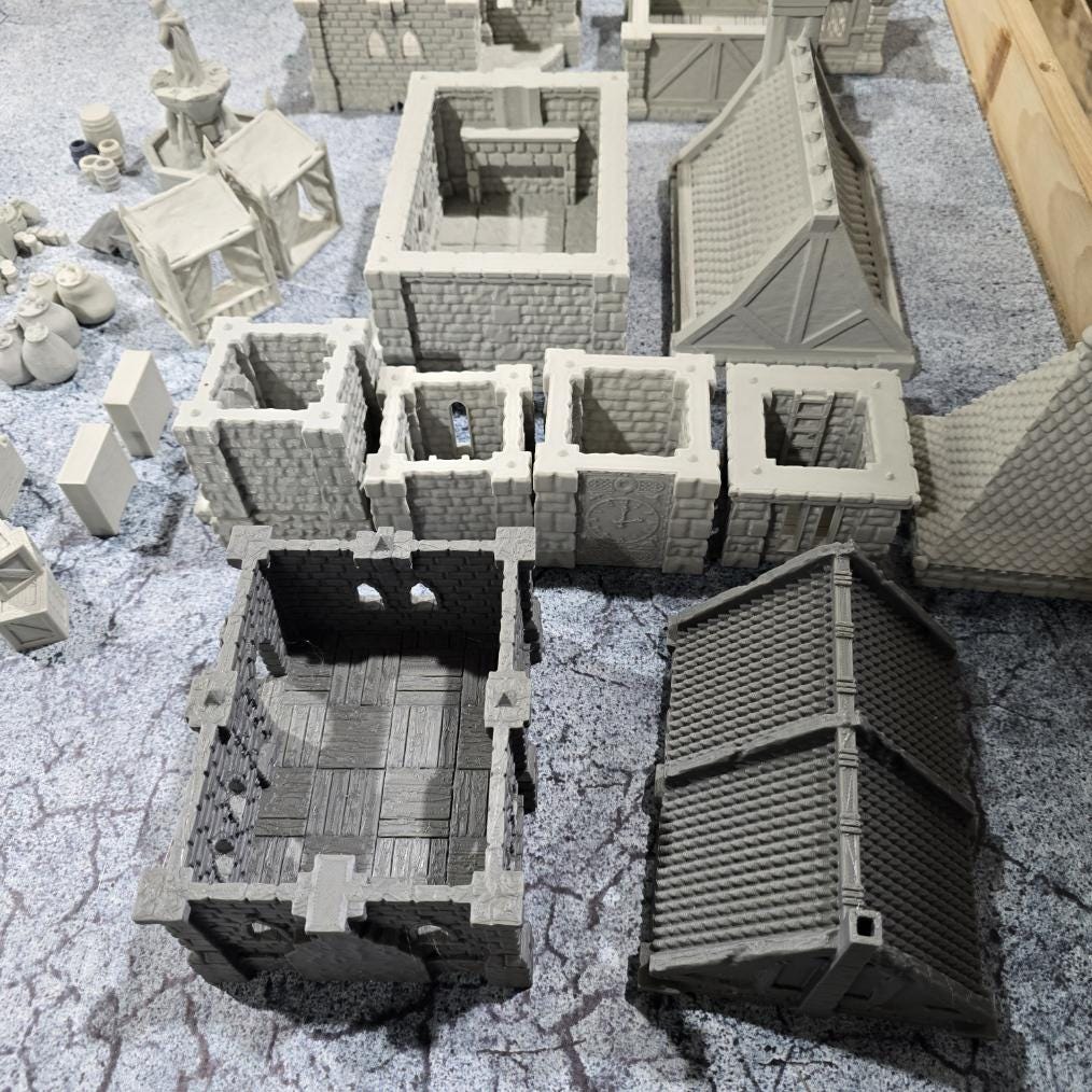 Small Village Set: Medieval Era, Tabletop Terrain -RPG & Wargames, Includes 3 Houses, 2 Stalls, 1 Clocktower, Scatter - 4 scales available