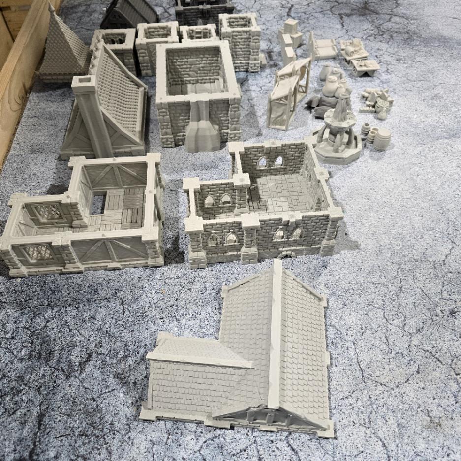 Small Village Set: Medieval Era, Tabletop Terrain -RPG & Wargames, Includes 3 Houses, 2 Stalls, 1 Clocktower, Scatter - 4 scales available