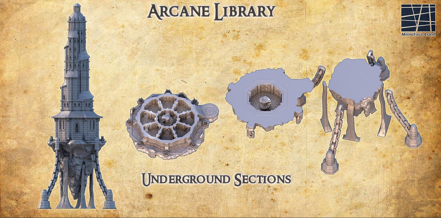 Discover the towering grandeur of the Arcane Library, standing over six feet tall. Available with or without its enigmatic floating basement, this model is designed to be the crown jewel of your RPG setting.