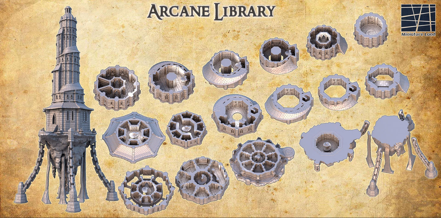 Discover the towering grandeur of the Arcane Library, standing over six feet tall. Available with or without its enigmatic floating basement, this model is designed to be the crown jewel of your RPG setting.