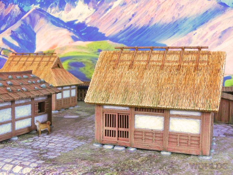 Intricately detailed miniature Samurai Farmhouse set featuring traditional Japanese farmhouses, accessories, and landscape elements.