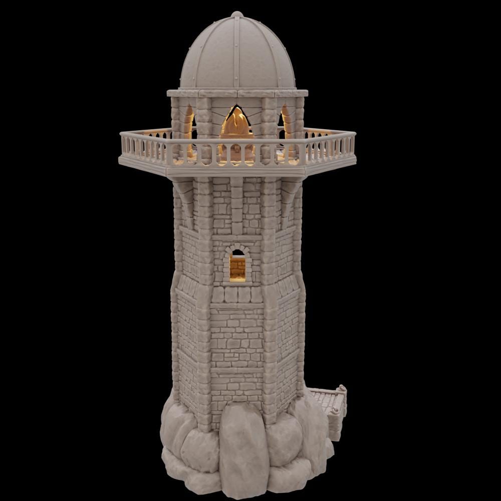 Detailed 28mm scale model of the Ferisia Coastal Lighthouse, featuring multiple accessible levels, intricate stonework, and historical architecture, perfect for fantasy tabletop RPGs.