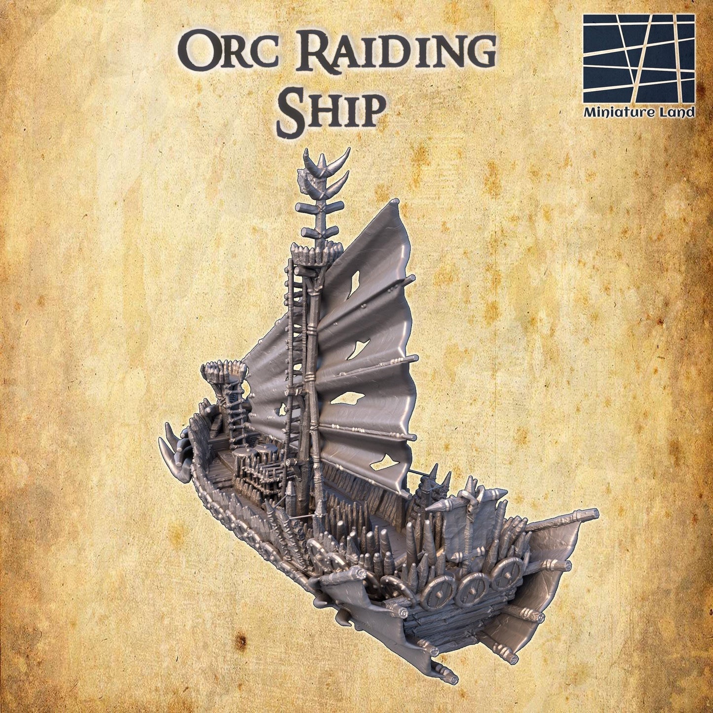 Detailed model of an Orc Raiding Ship with defensive features and a dragon prow, ideal for fantasy wargaming.