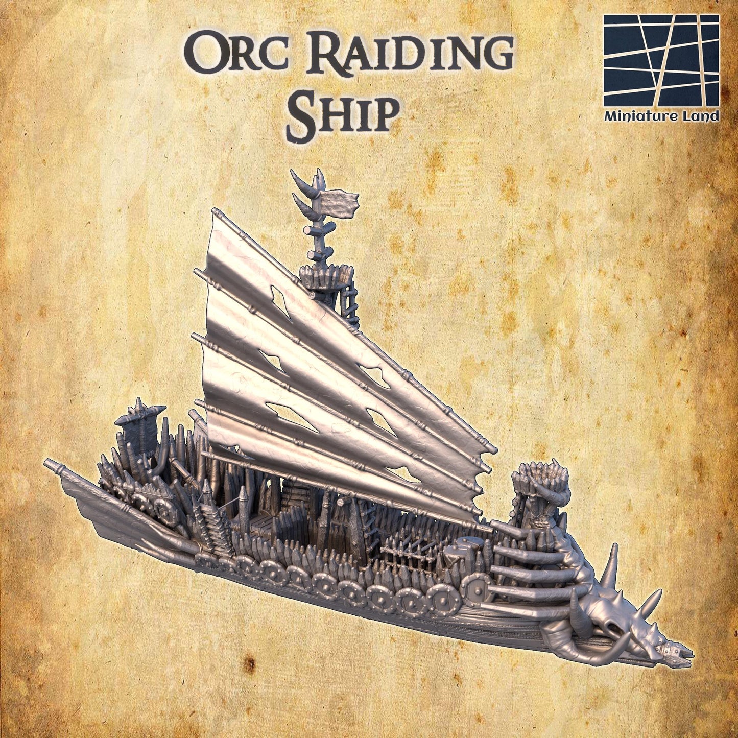 Detailed model of an Orc Raiding Ship with defensive features and a dragon prow, ideal for fantasy wargaming.