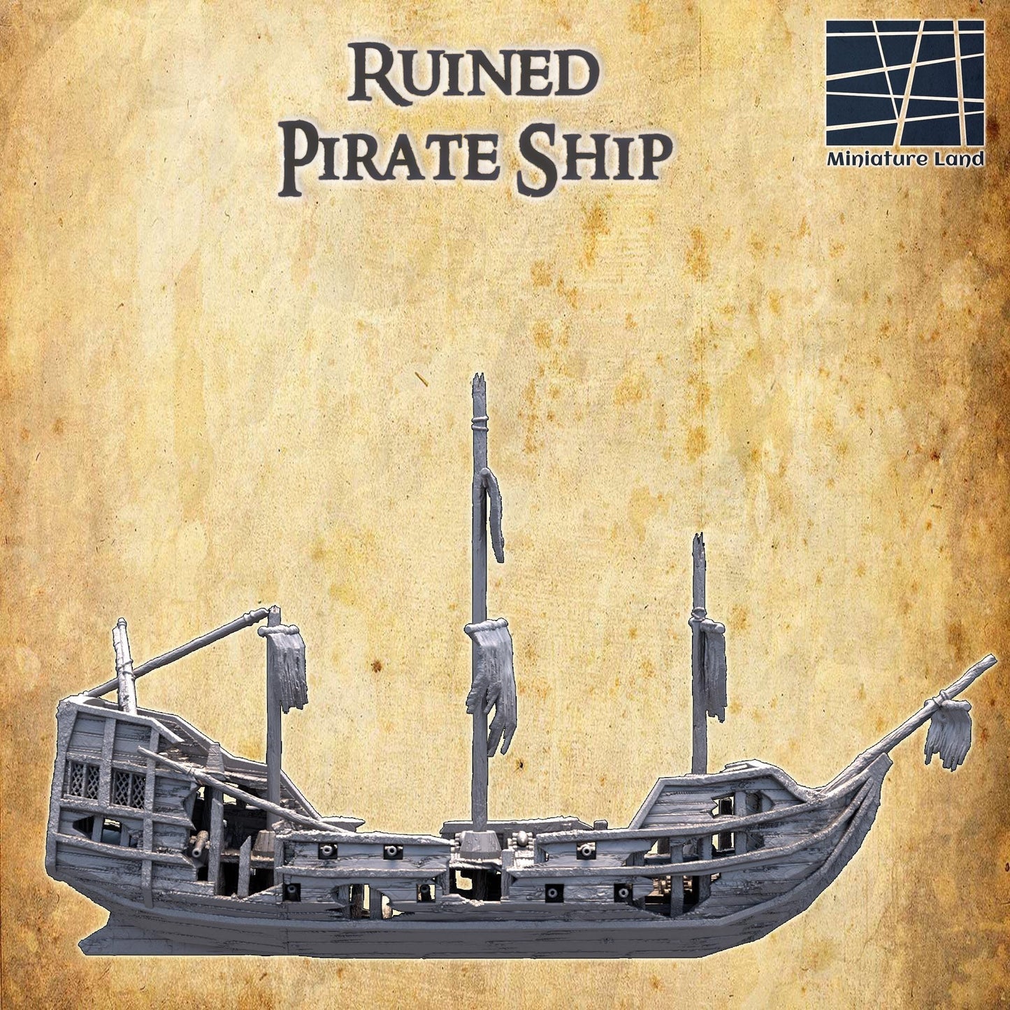 Detailed model of a Ruined Pirate Ship with historical design and realistic battle damage, perfect for tabletop RPGs and historical dioramas.