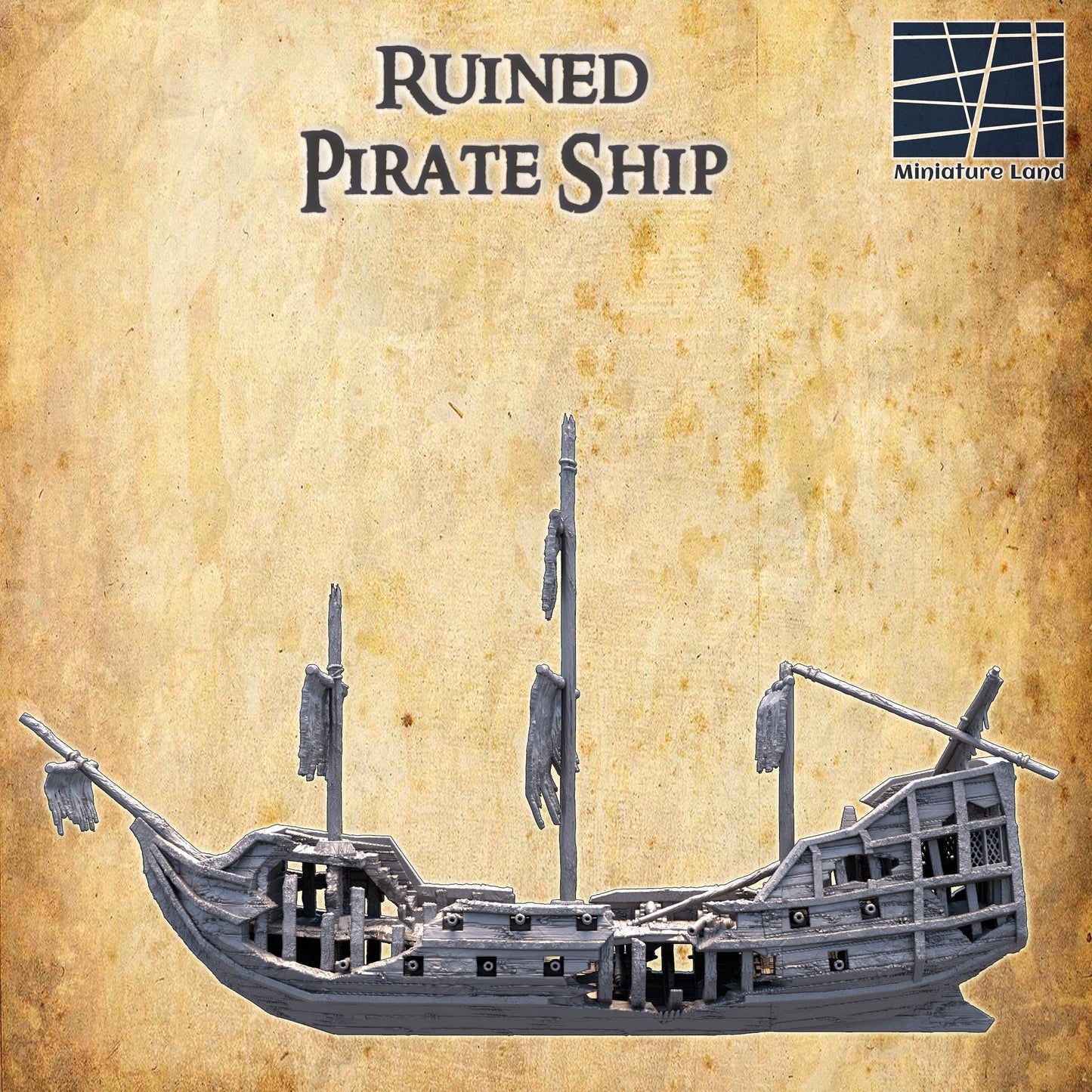 Detailed model of a Ruined Pirate Ship with historical design and realistic battle damage, perfect for tabletop RPGs and historical dioramas.
