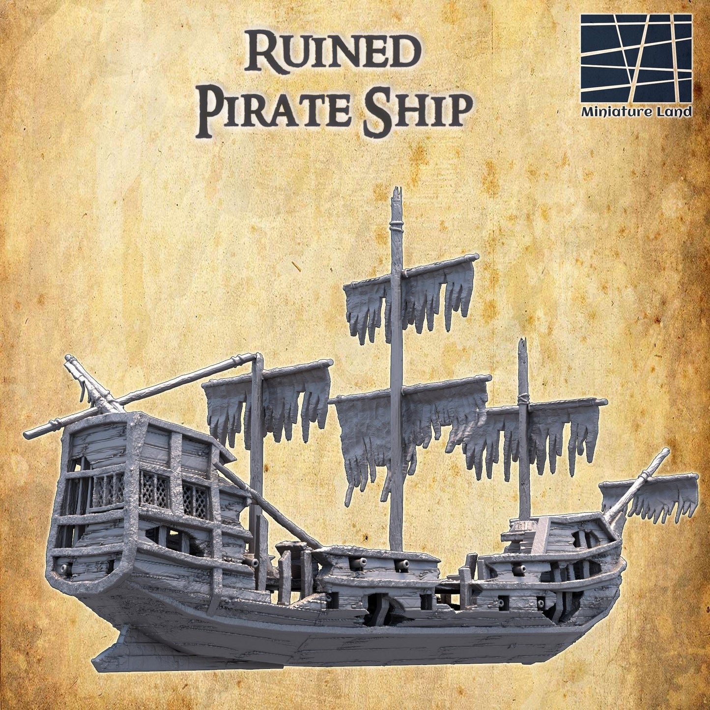 Detailed model of a Ruined Pirate Ship with historical design and realistic battle damage, perfect for tabletop RPGs and historical dioramas.