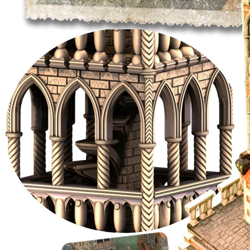 Majestic medieval tower model "Torre dell'Alba" with intricate gothic architecture and a striking blue roof, perfect for tabletop terrain and model railroading.