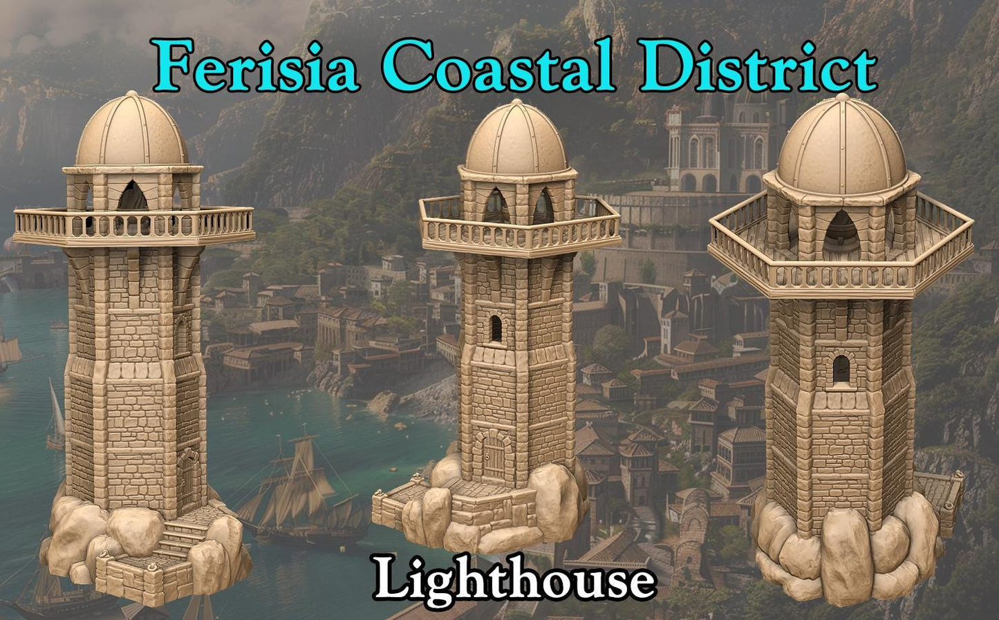 Detailed 28mm scale model of the Ferisia Coastal Lighthouse, featuring multiple accessible levels, intricate stonework, and historical architecture, perfect for fantasy tabletop RPGs.