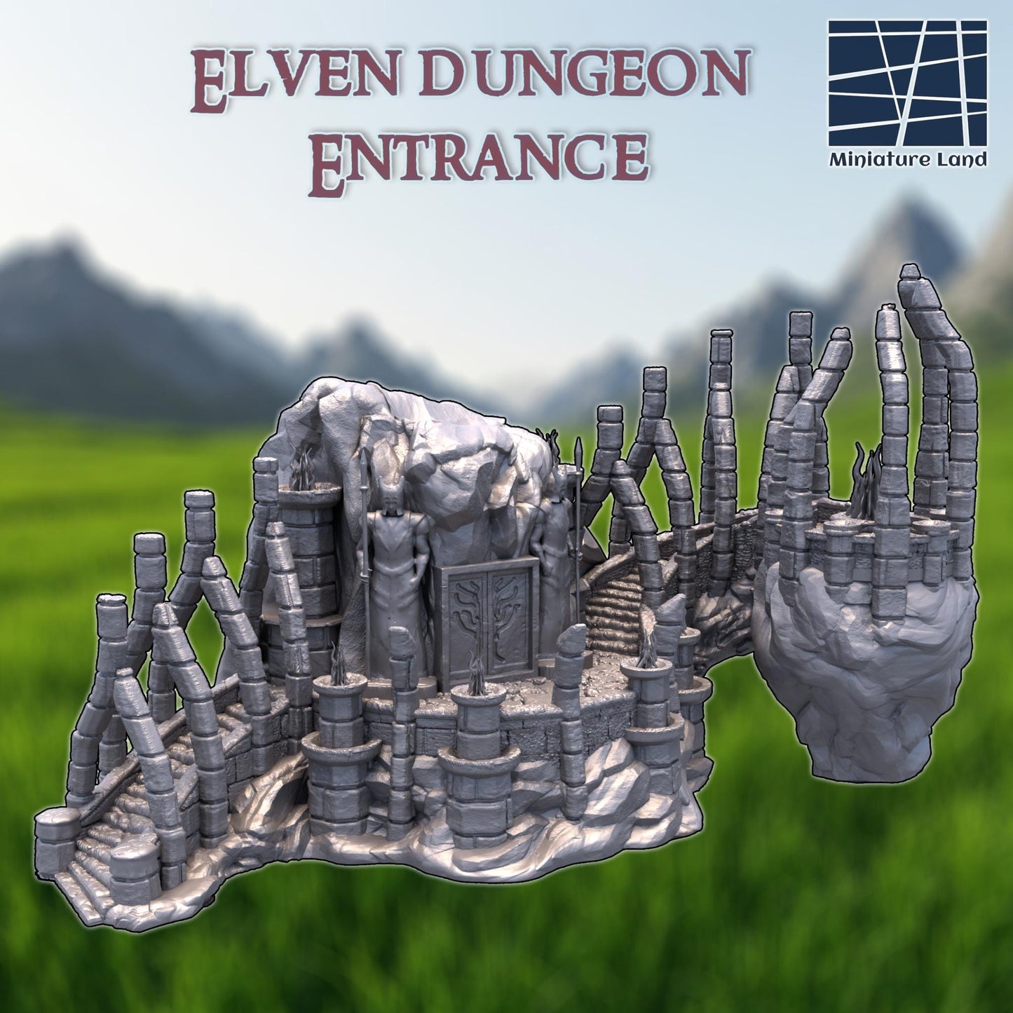 Elven Dungeon Entrance – A breathtaking fantasy terrain piece featuring towering spires, intricate stone carvings, and a mysterious underground gateway. Perfect for D&D, Pathfinder, and tabletop RPG campaigns.