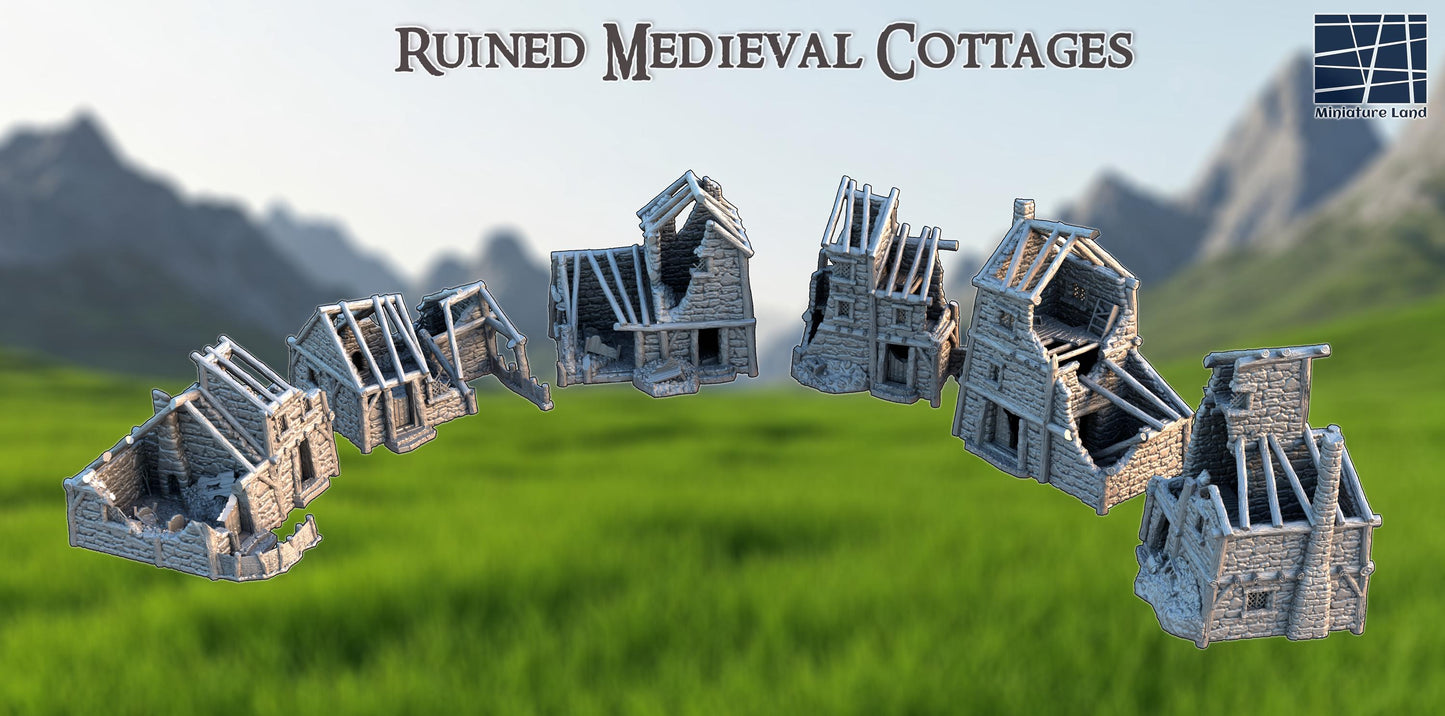 Ruined Medieval Cottages – Set of 6 Fantasy & Historical Wargaming Terrain