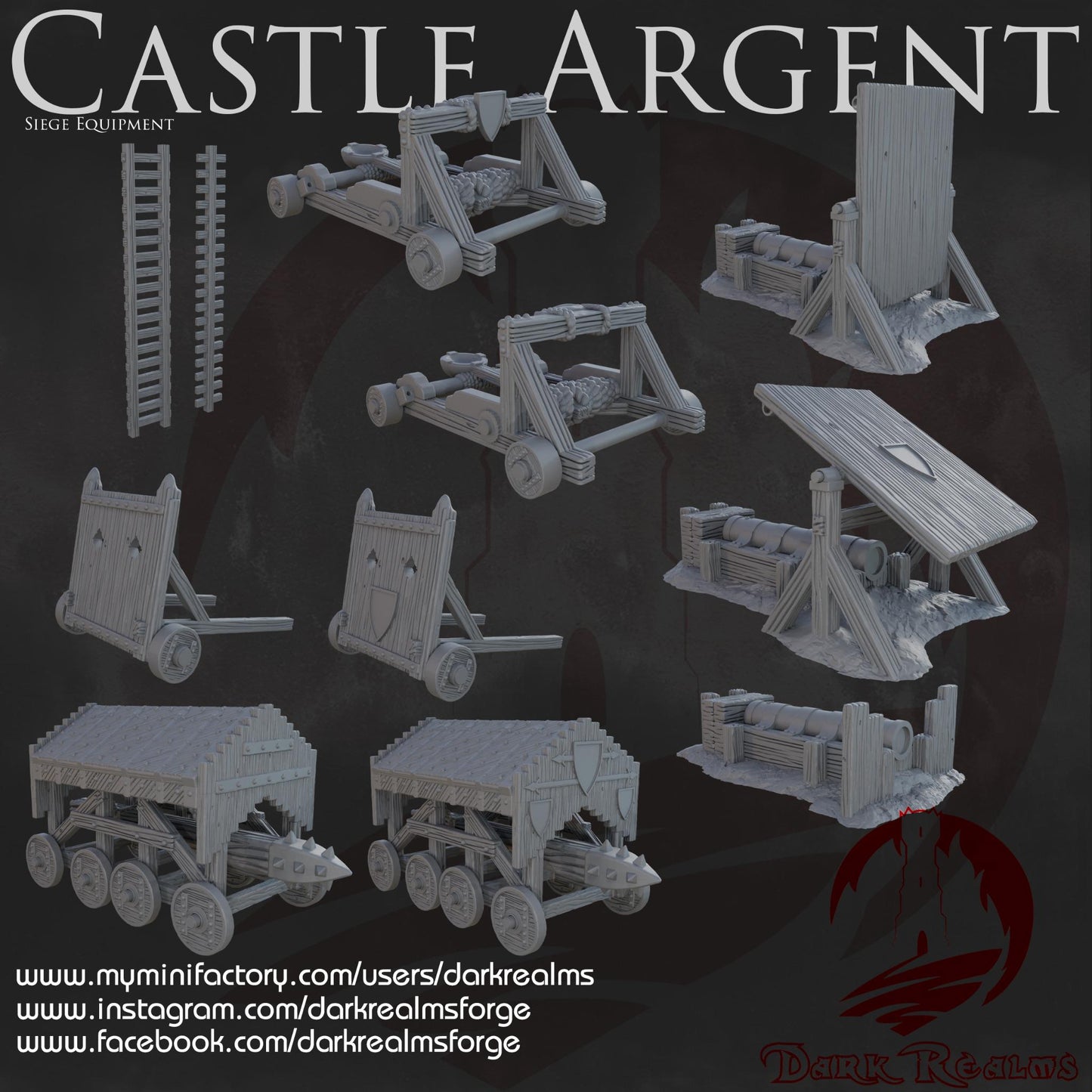 Castle Argent Siege Equipment – A detailed set of medieval war machines including catapults, battering rams, siege ladders, and fortification defenses for tabletop RPGs and wargames.