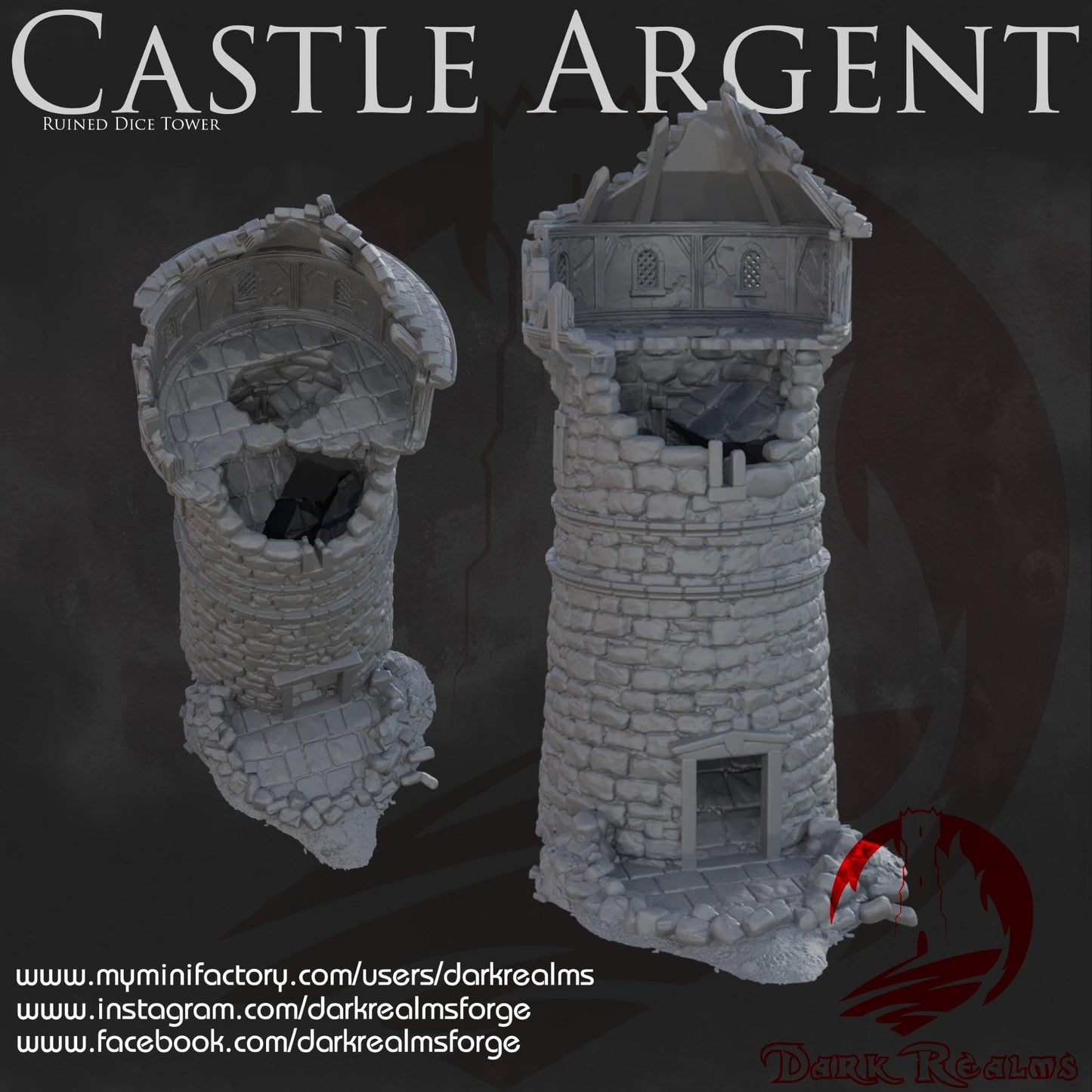 Castle Argent Ruined Dice Tower – Functional dice tower and immersive RPG terrain piece. Perfect for Dungeons & Dragons, Pathfinder, and fantasy wargames.