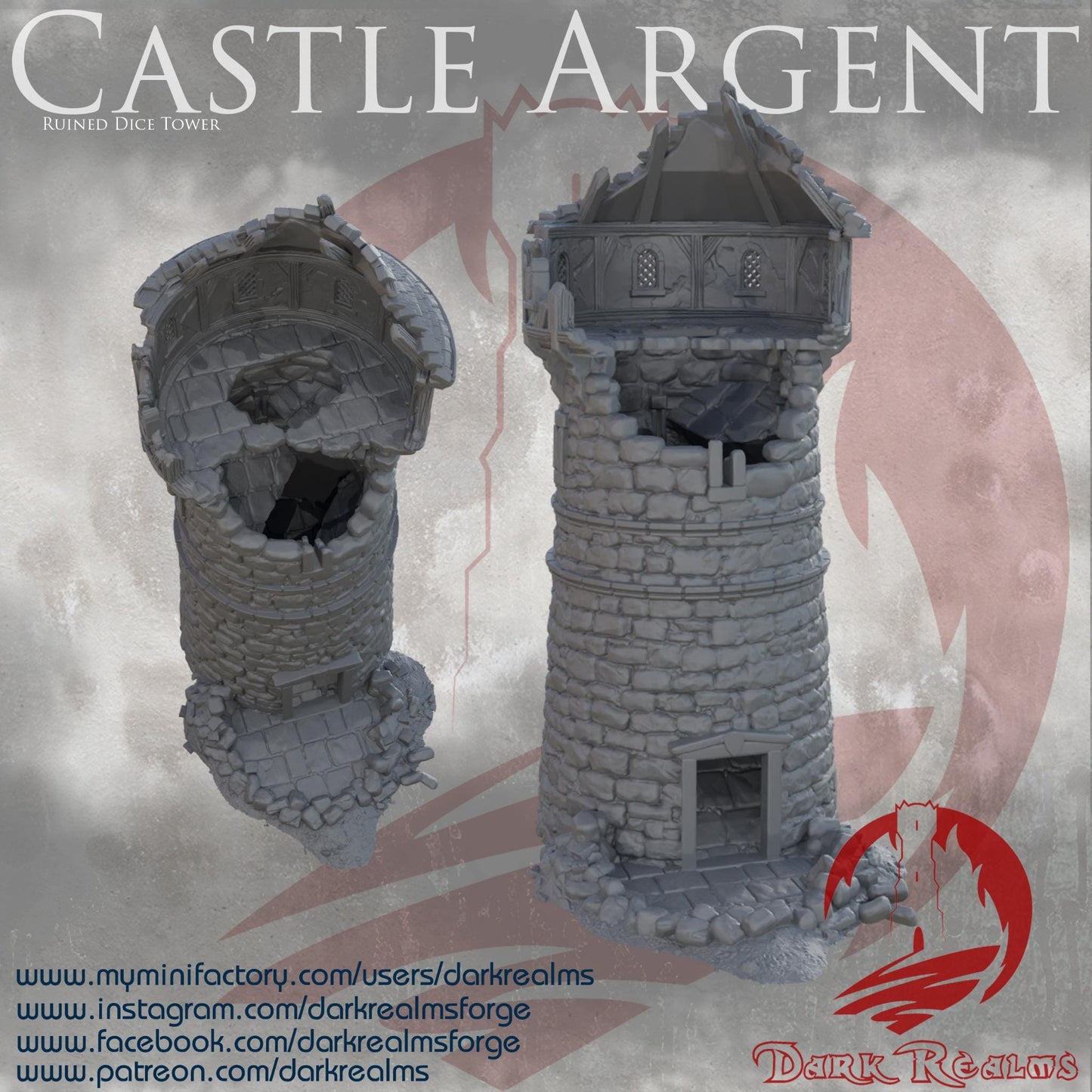 Castle Argent Ruined Dice Tower – Functional dice tower and immersive RPG terrain piece. Perfect for Dungeons & Dragons, Pathfinder, and fantasy wargames.