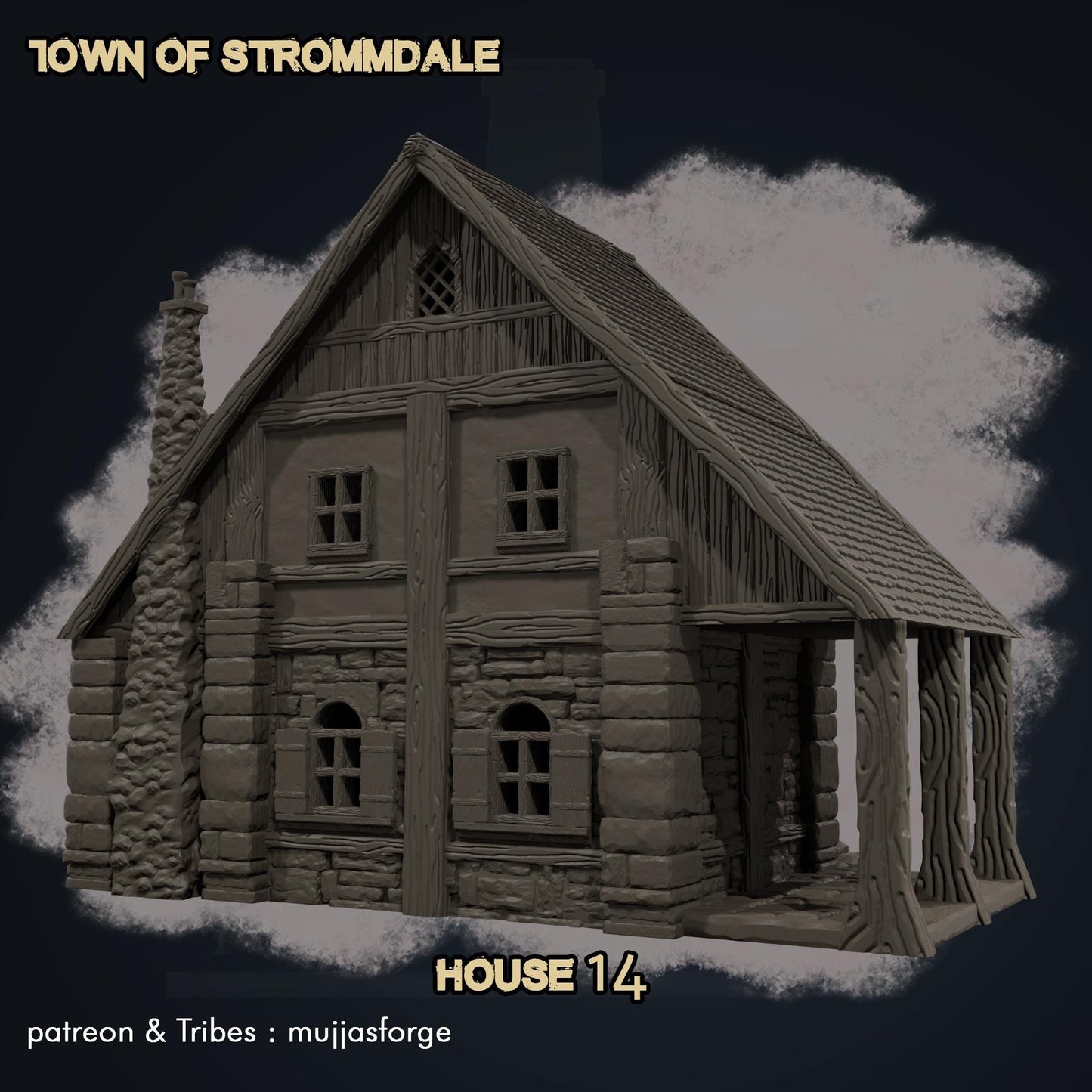 Strommdale House 14 – A two-story medieval half-timbered house with a stone foundation, playable interior, and immersive architectural details. Ideal for tabletop RPG and wargaming terrain.