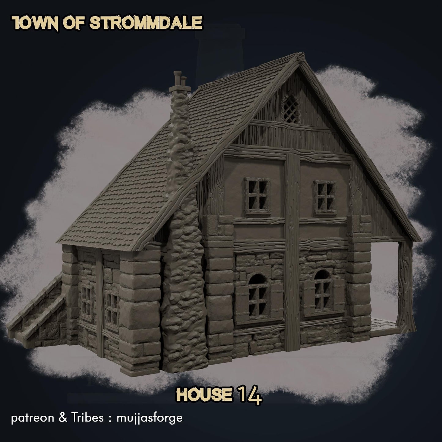 Strommdale House 14 – A two-story medieval half-timbered house with a stone foundation, playable interior, and immersive architectural details. Ideal for tabletop RPG and wargaming terrain.