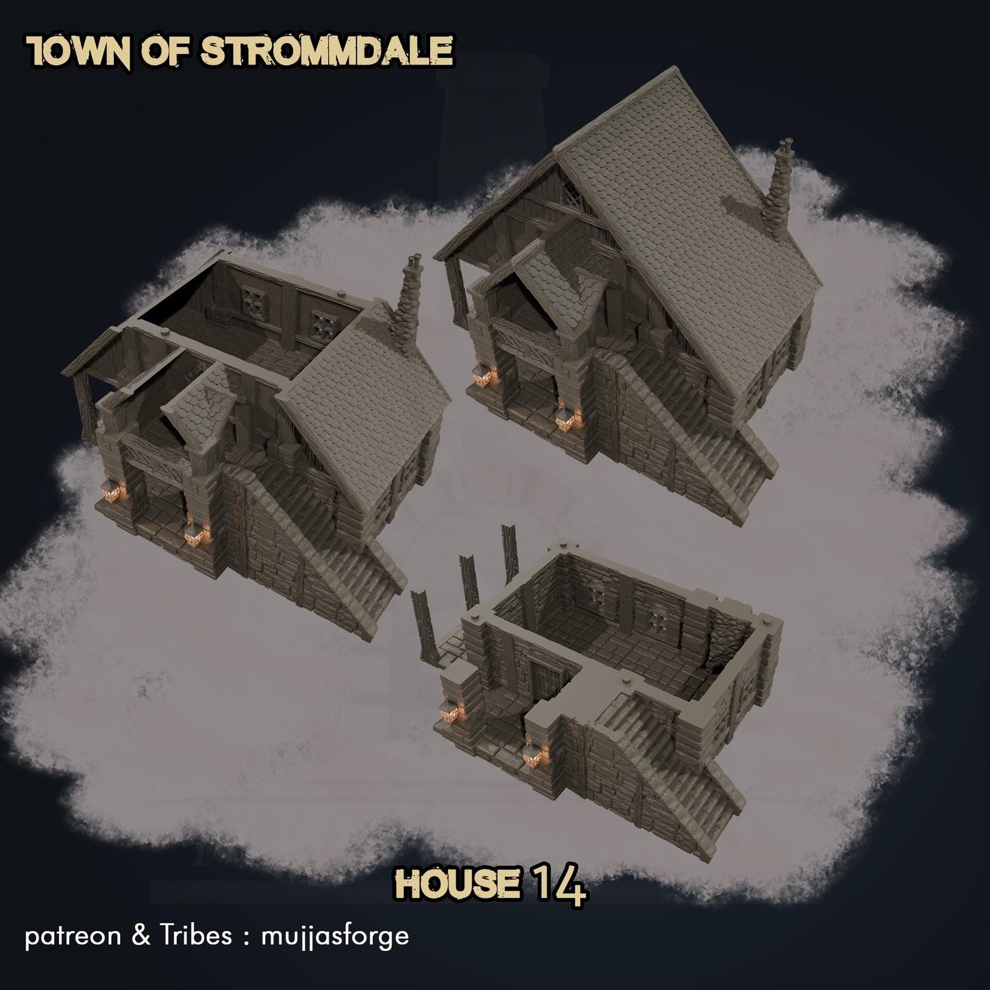 Strommdale House 14 – A two-story medieval half-timbered house with a stone foundation, playable interior, and immersive architectural details. Ideal for tabletop RPG and wargaming terrain.