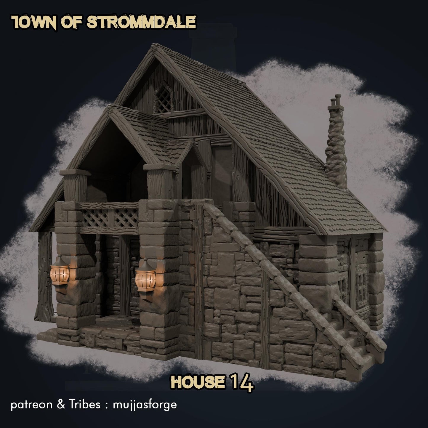 Strommdale House 14 – A two-story medieval half-timbered house with a stone foundation, playable interior, and immersive architectural details. Ideal for tabletop RPG and wargaming terrain.