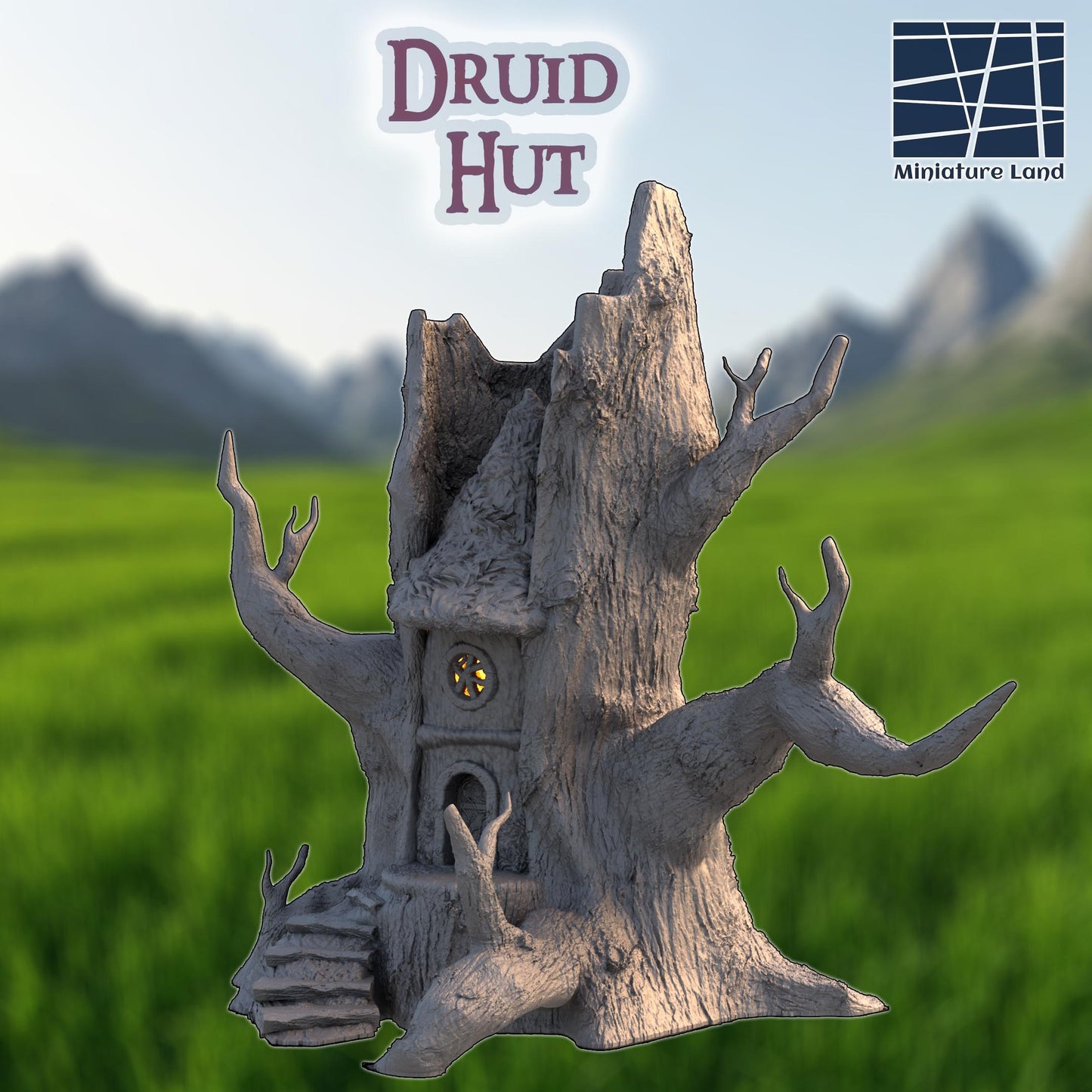 Druid Hut – A magical treehouse carved into an ancient tree, featuring twisting branches, glowing windows, and a hidden sanctuary. Perfect for D&D, Pathfinder, and tabletop RPG campaigns.