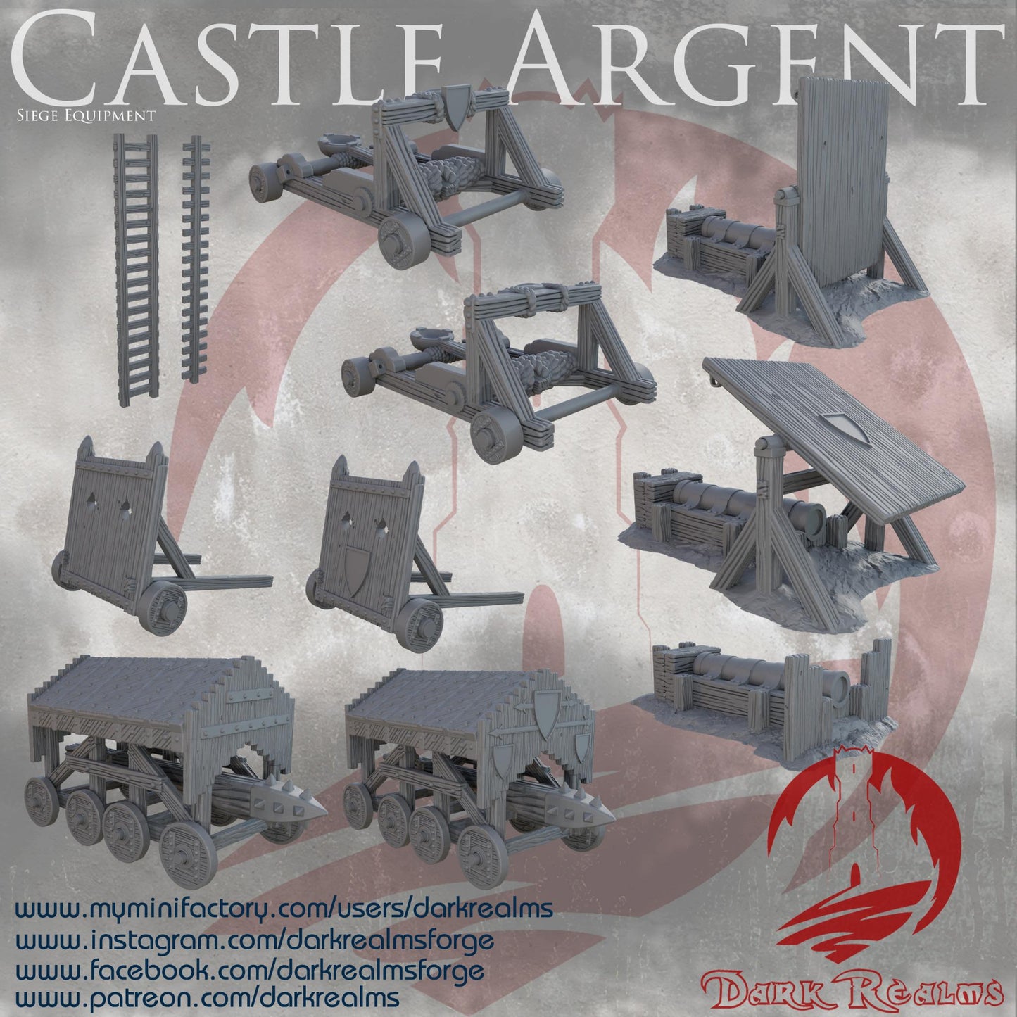 Castle Argent Siege Equipment – A detailed set of medieval war machines including catapults, battering rams, siege ladders, and fortification defenses for tabletop RPGs and wargames.