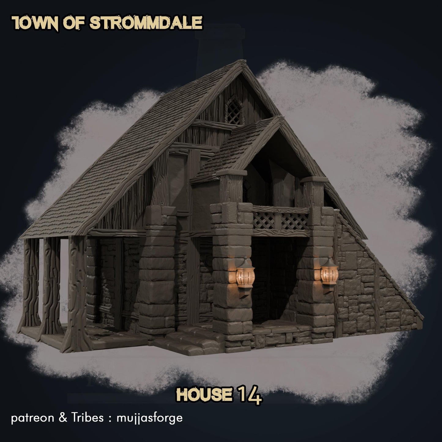 Strommdale House 14 – A two-story medieval half-timbered house with a stone foundation, playable interior, and immersive architectural details. Ideal for tabletop RPG and wargaming terrain.