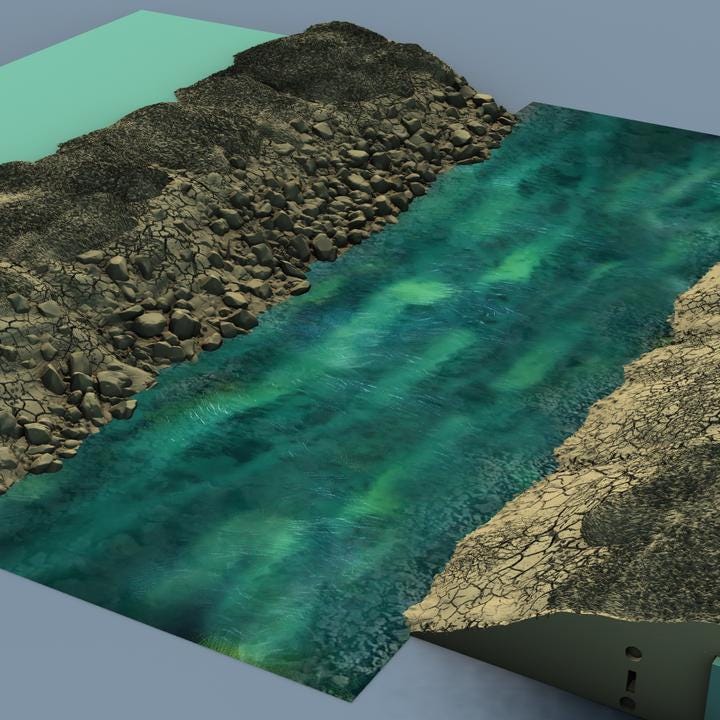 River’s Edge Gentle Erosion – 25 inches of detailed, modular riverbank terrain for tabletop RPGs and wargames, featuring natural erosion, high-ground tactics, and immersive storytelling potential.