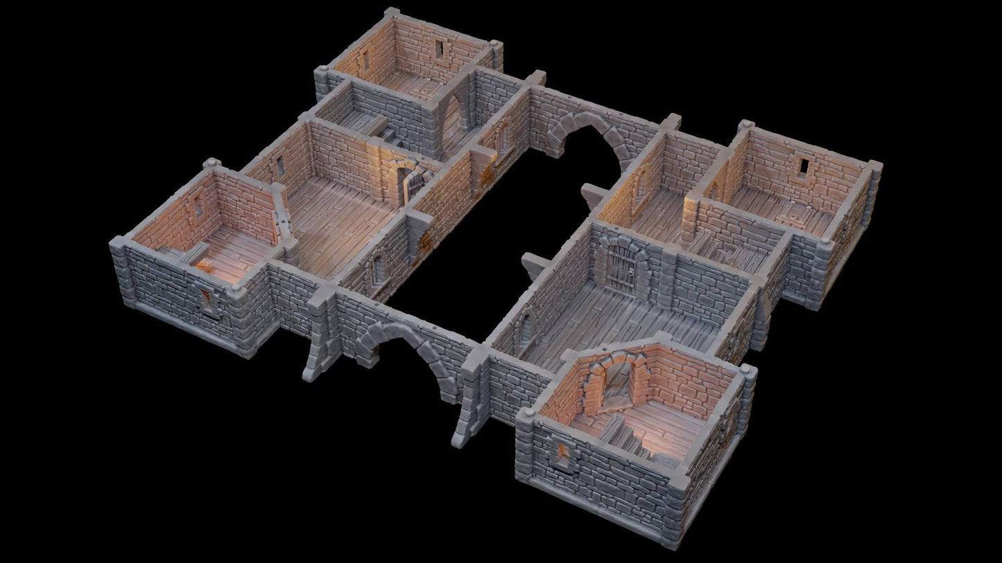 Modular medieval fortress with four towers, battlements, and detailed playable interiors. Ideal for fantasy and historical tabletop games in 10mm, 15mm, 18mm, 20mm, 28mm, and 32mm scales.