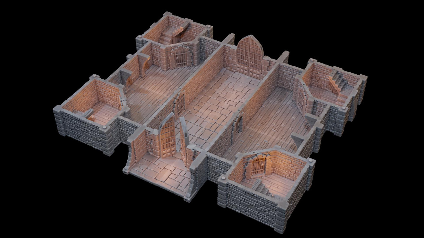 Modular medieval fortress with four towers, battlements, and detailed playable interiors. Ideal for fantasy and historical tabletop games in 10mm, 15mm, 18mm, 20mm, 28mm, and 32mm scales.