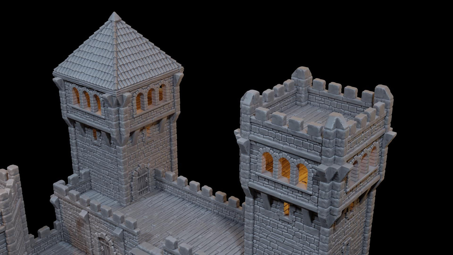 Modular medieval fortress with four towers, battlements, and detailed playable interiors. Ideal for fantasy and historical tabletop games in 10mm, 15mm, 18mm, 20mm, 28mm, and 32mm scales.