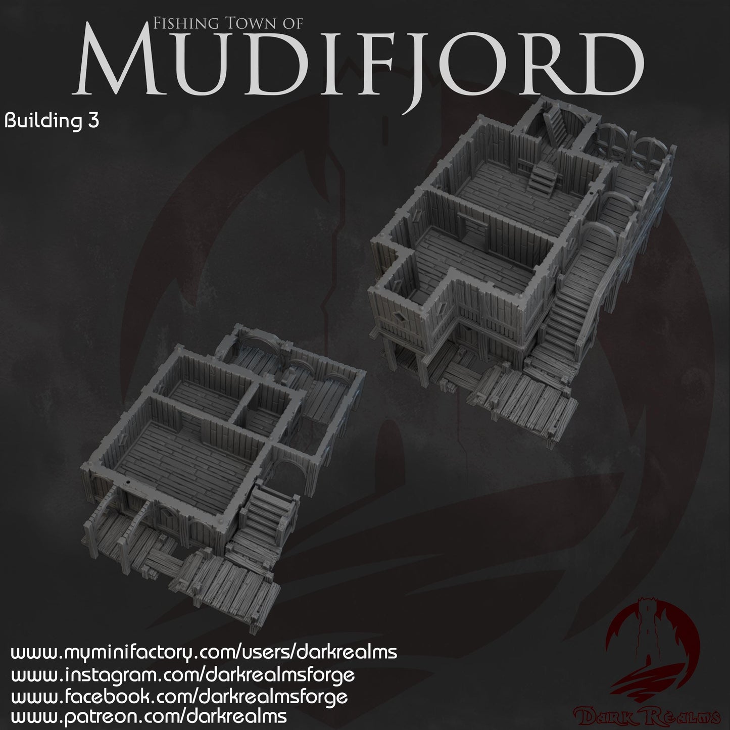 Two-story Nordic hall with tower bell, dockside walkways, removable roof, and full interior rooms—ideal for fjord-town adventures, Viking ports, or seaside fantasy campaigns.