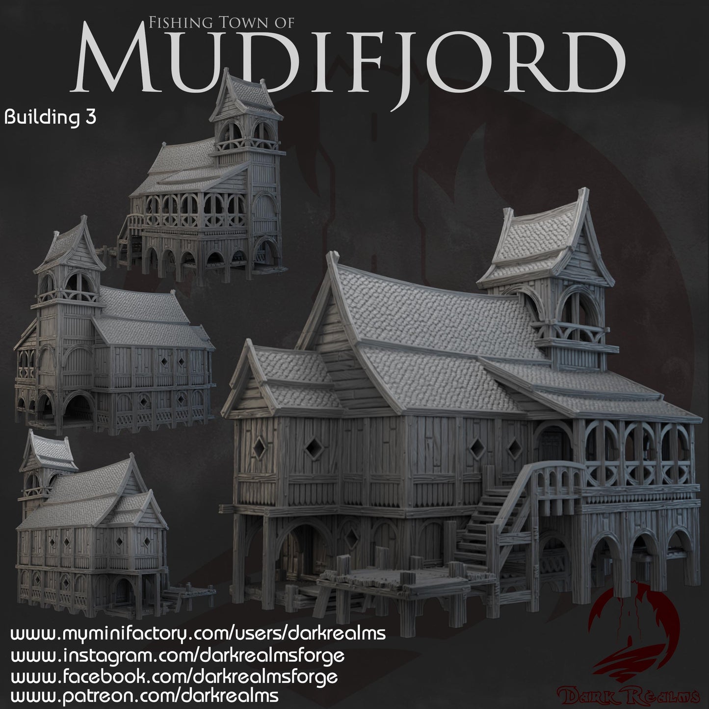 Two-story Nordic hall with tower bell, dockside walkways, removable roof, and full interior rooms—ideal for fjord-town adventures, Viking ports, or seaside fantasy campaigns.