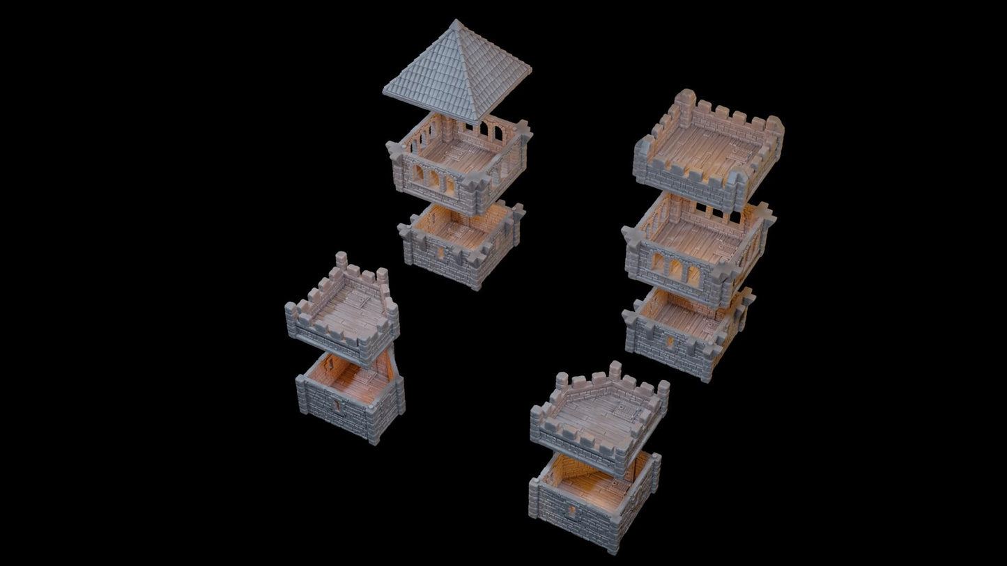 Modular medieval fortress with four towers, battlements, and detailed playable interiors. Ideal for fantasy and historical tabletop games in 10mm, 15mm, 18mm, 20mm, 28mm, and 32mm scales.