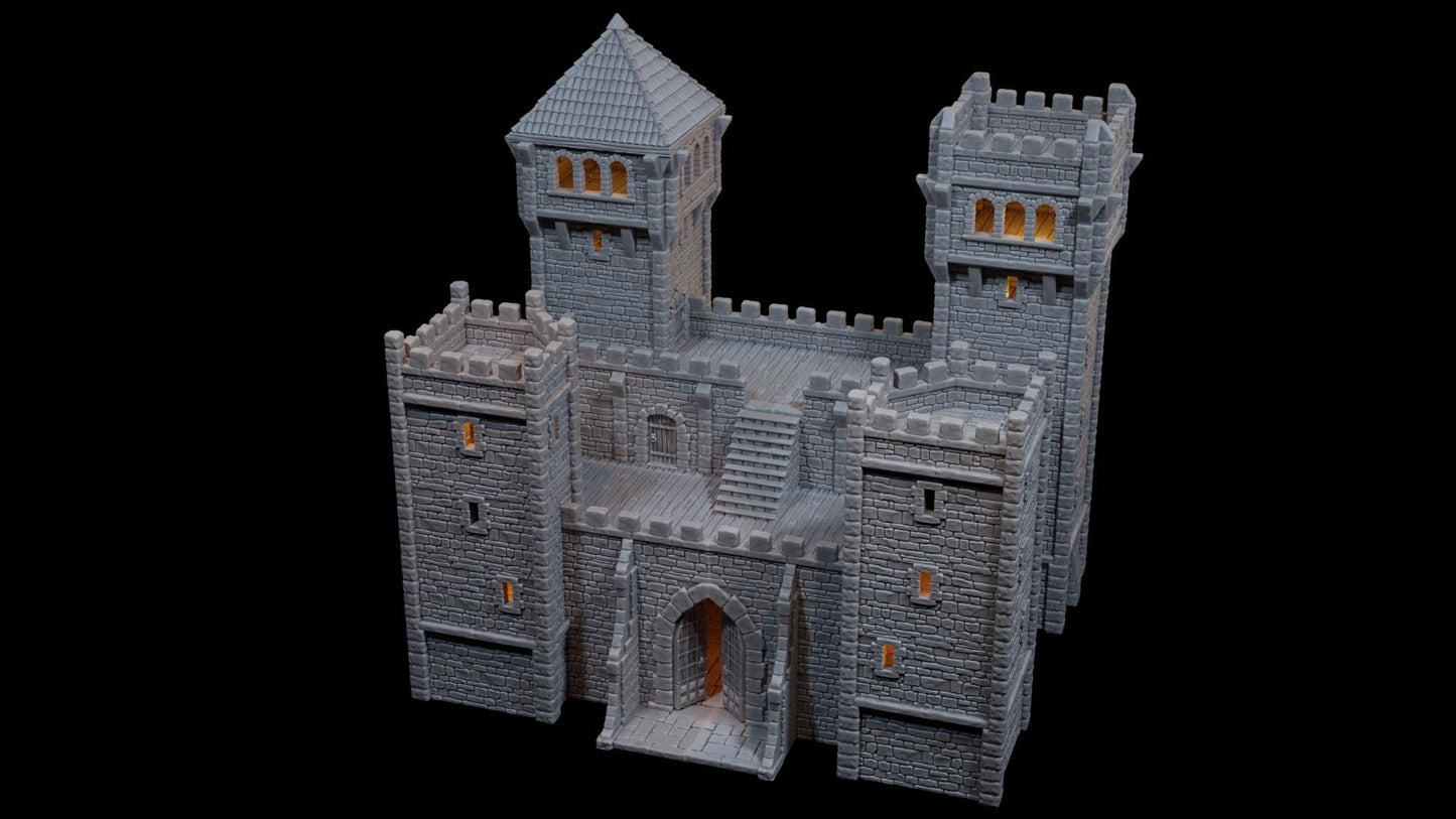 Modular medieval fortress with four towers, battlements, and detailed playable interiors. Ideal for fantasy and historical tabletop games in 10mm, 15mm, 18mm, 20mm, 28mm, and 32mm scales.