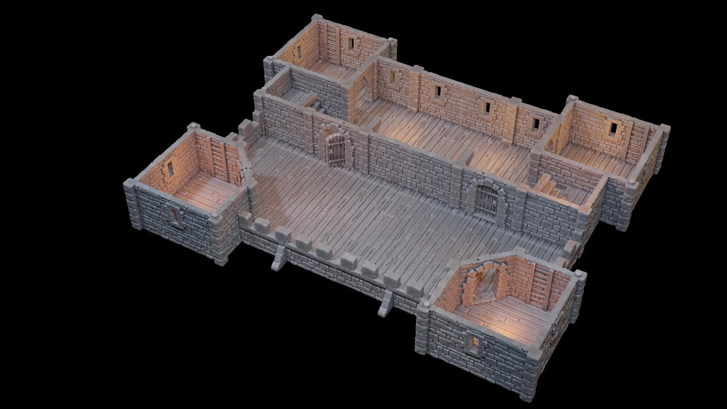 Modular medieval fortress with four towers, battlements, and detailed playable interiors. Ideal for fantasy and historical tabletop games in 10mm, 15mm, 18mm, 20mm, 28mm, and 32mm scales.