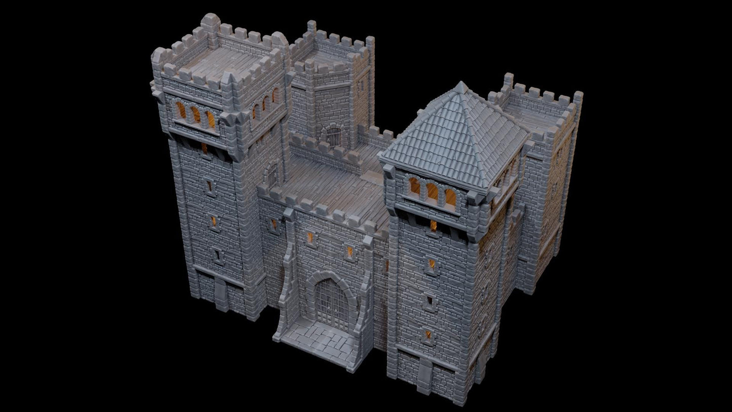 Modular medieval fortress with four towers, battlements, and detailed playable interiors. Ideal for fantasy and historical tabletop games in 10mm, 15mm, 18mm, 20mm, 28mm, and 32mm scales.