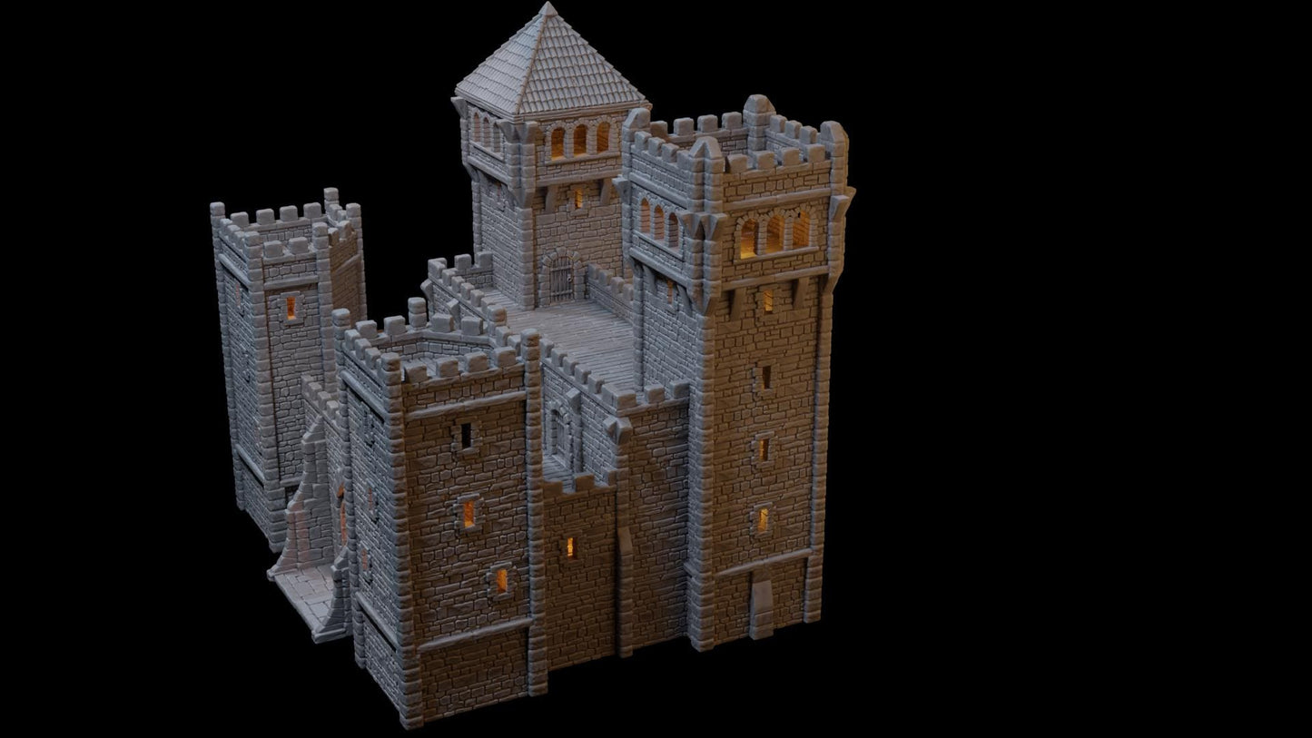 Modular medieval fortress with four towers, battlements, and detailed playable interiors. Ideal for fantasy and historical tabletop games in 10mm, 15mm, 18mm, 20mm, 28mm, and 32mm scales.