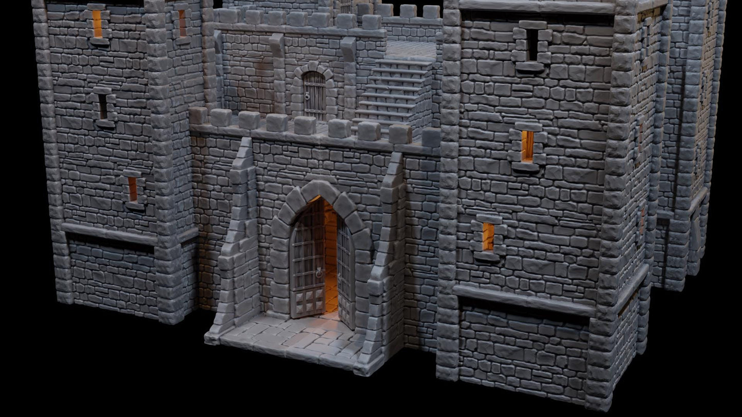 Modular medieval fortress with four towers, battlements, and detailed playable interiors. Ideal for fantasy and historical tabletop games in 10mm, 15mm, 18mm, 20mm, 28mm, and 32mm scales.