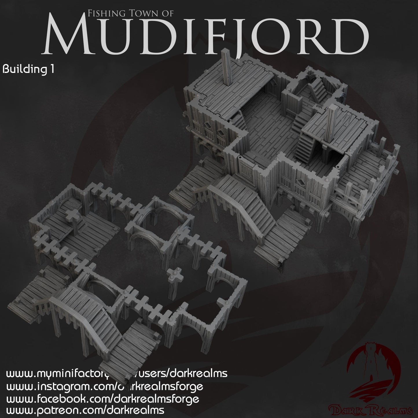 Nordic-style fishing house with raised docks, stilt supports, modular floors, and a removable roof—perfect for tabletop port towns, viking campaigns, and misty coastal adventures.