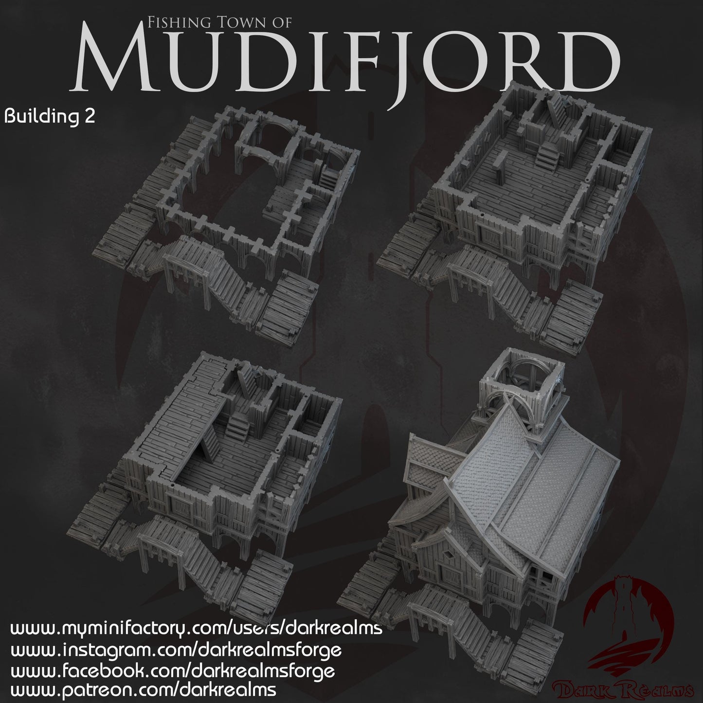 Modular Nordic wharf tavern with dockside tower, playable interiors, arched stilt supports, and wraparound decking—designed for immersive coastal or Viking-style tabletop adventures.